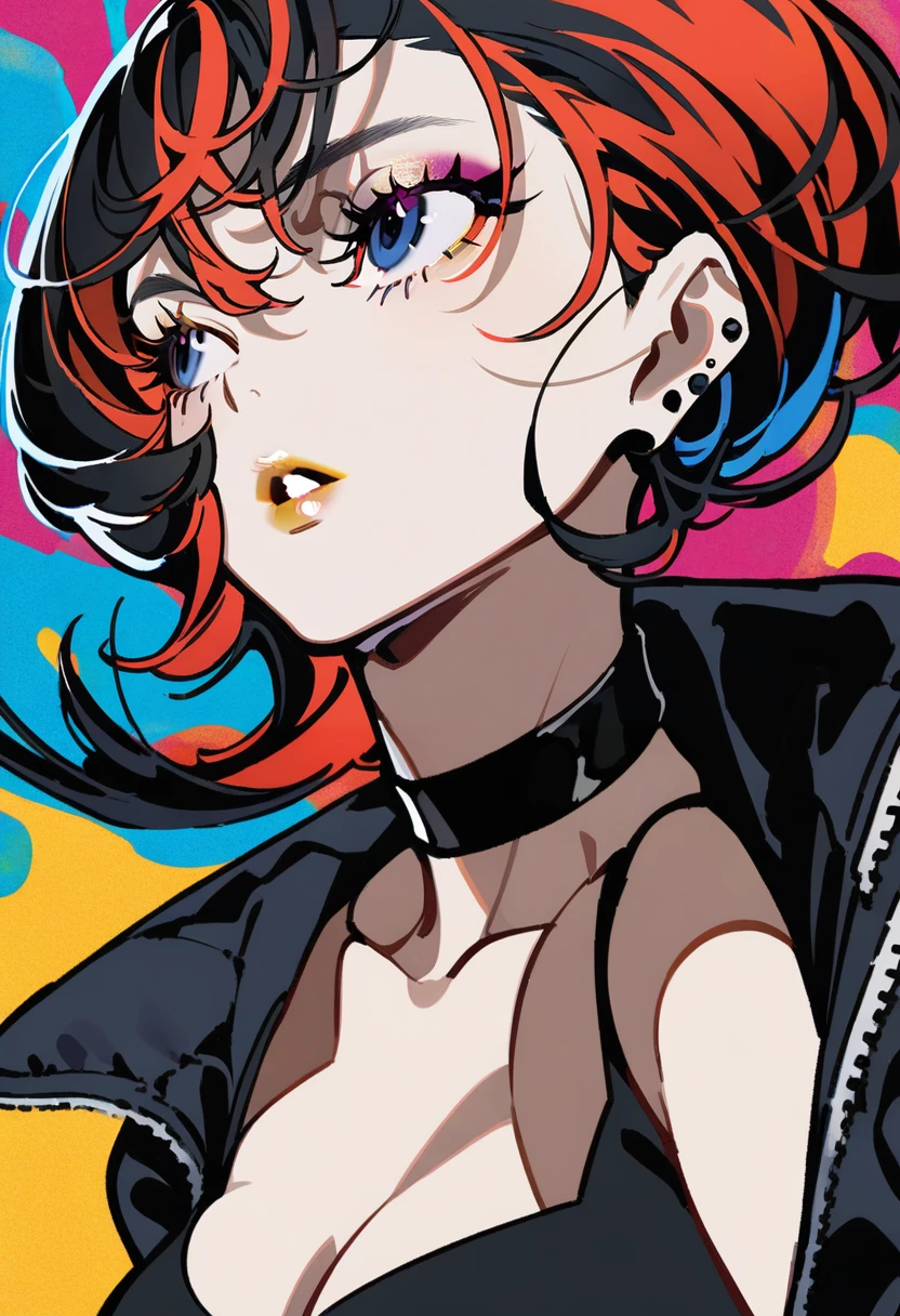 masterpiece, best quality, <lora:yoneyamaiXL_ANI31_lokr_V4302:0.95> 1girl, solo, choker, blue eyes, jacket, black choker, parted lips, jewelry, black jacket, makeup, earrings, multicolored hair, black hair, red hair, mole, piercing, mole under eye, multicolored background, ear piercing, long sleeves, upper body, floating hair, hair between eyes, looking to the side, portrait, lipstick, eyelashes, eyeshadow