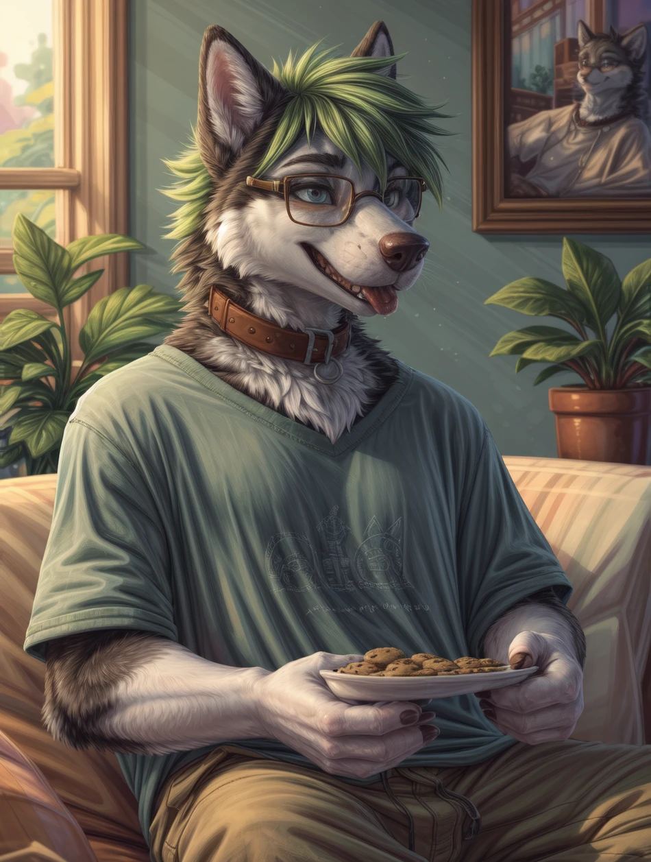 male husky, fluffy husky fur, collar, rounded glasses, green hair, finger claws, baggy clothing, wearing loose t-shirt, pants, smile, sitting in a living room, eating cookie, intricate, aesthetic, 4k, photorealistic, professional art, masterpiece, intricate detail, dimwitdog, by redishdragie, by hioshiru
