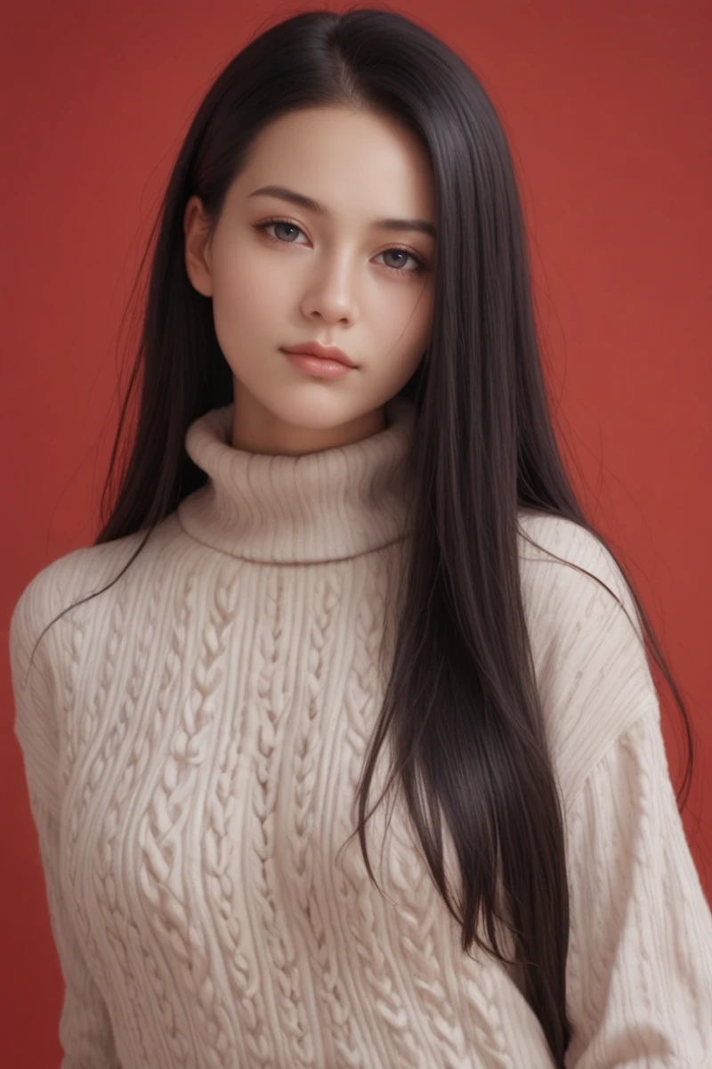 score_9,score_8_up,score_7_up, 20 years old, 8k, hd, beautiful girl, black hair, very long hair, straight hair, closed mouth,
1girl, detailed face, beautiful woman's face, sweater, red background, looking at viewer,