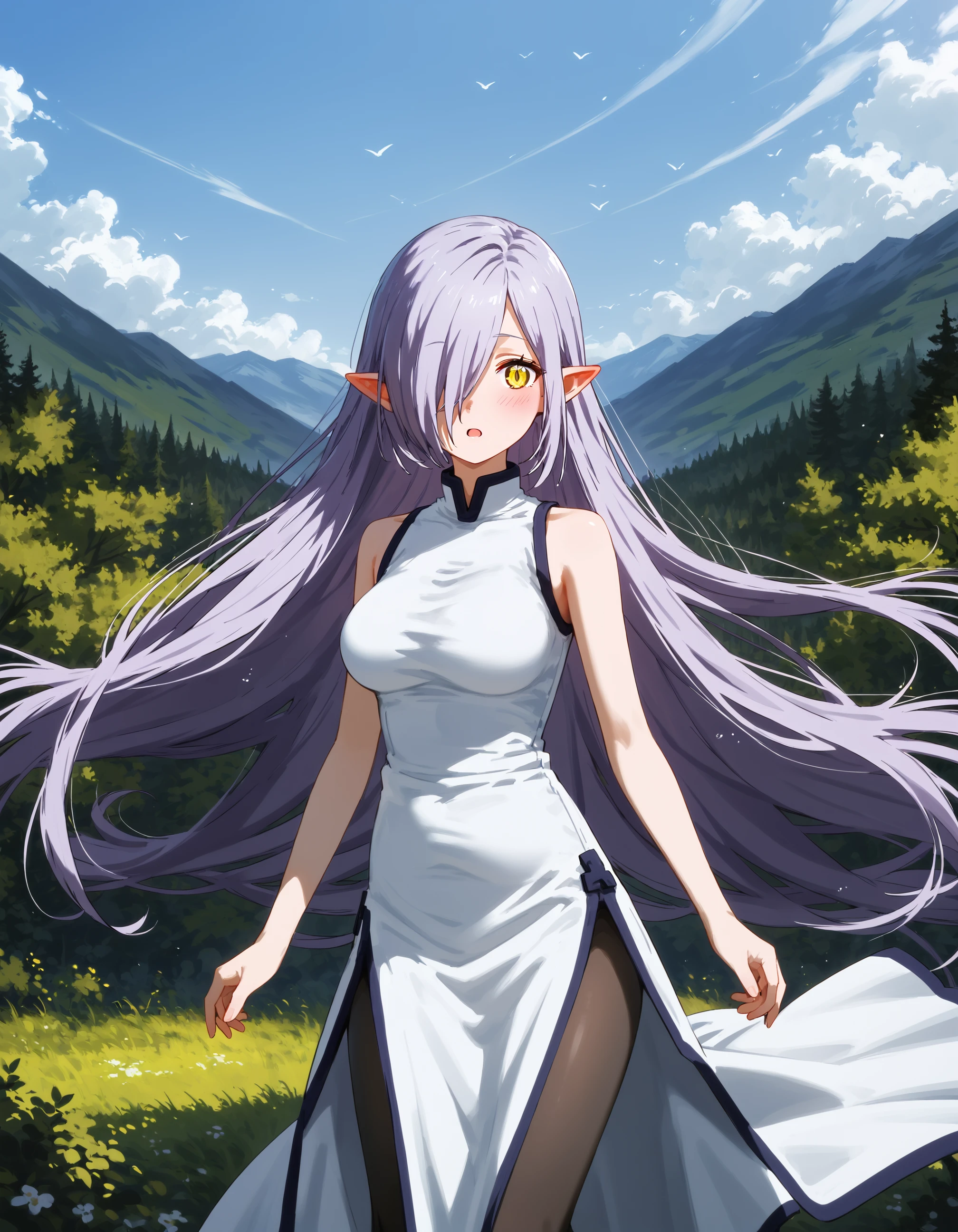 (score_9, score_8_up, score_7_up)
BREAK
kyarotto_olis, 1girl, solo, purple hair, very long hair, hair over one eye, pointy ears, yellow eyes, sleeveless dress, white dress, long dress, side slit, black pantyhose, looking at viewer, blush, wind lift
BREAK
wind, nature, mountain, forest, blue sky
<lora:kyarotto_PeachBoyRiverside_ponyxl_v1:1>