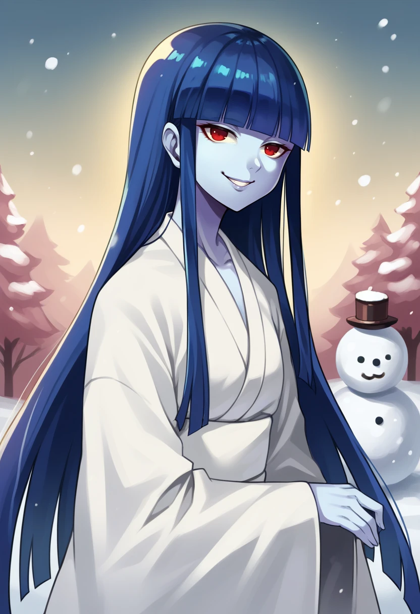 score_9, score_8_up, score_7_up, source_anime BREAK 1girl, solo,
<lora:zs_YukiJyorouXL:1> yukijyorousmt, kimono, long hair, blunt bangs, blue hair, red eyes, colored skin, blue skin, arctic, snow, snowman,
looking at viewer, smile
