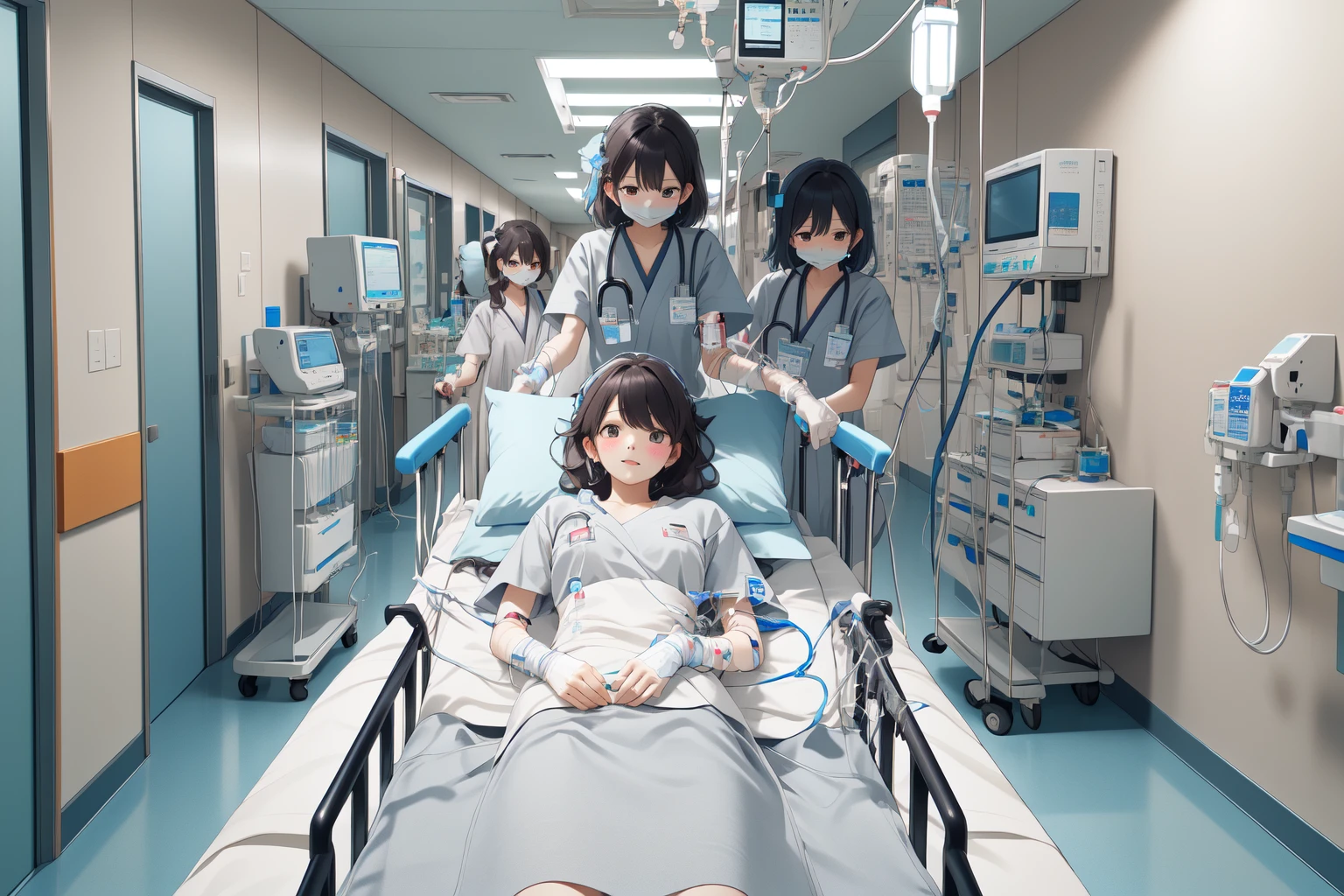 (RAW photo, best quality), 3girls, hospital bed,
multiple girls, intravenous drip,
patient_on_gurney, <lora:concept_patient_on_gurney_v3_1:1>,