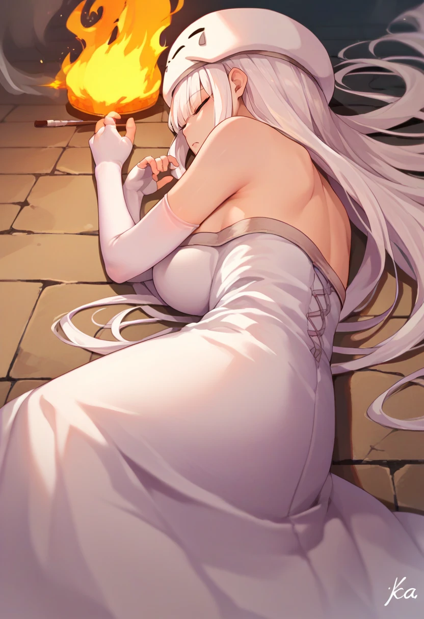 score_9, score_8_up, score_7_up, source_anime, solo, 1girl, Ghast-chan, lying, on side, white hair, long hair, large breasts, hat, closed eyes, white dress, bare shoulders, elbow gloves, fingerless gloves, fire, smoke <lora:meme_yamchapose_ponyXL:1> <lora:Ghast_XLPD:1>