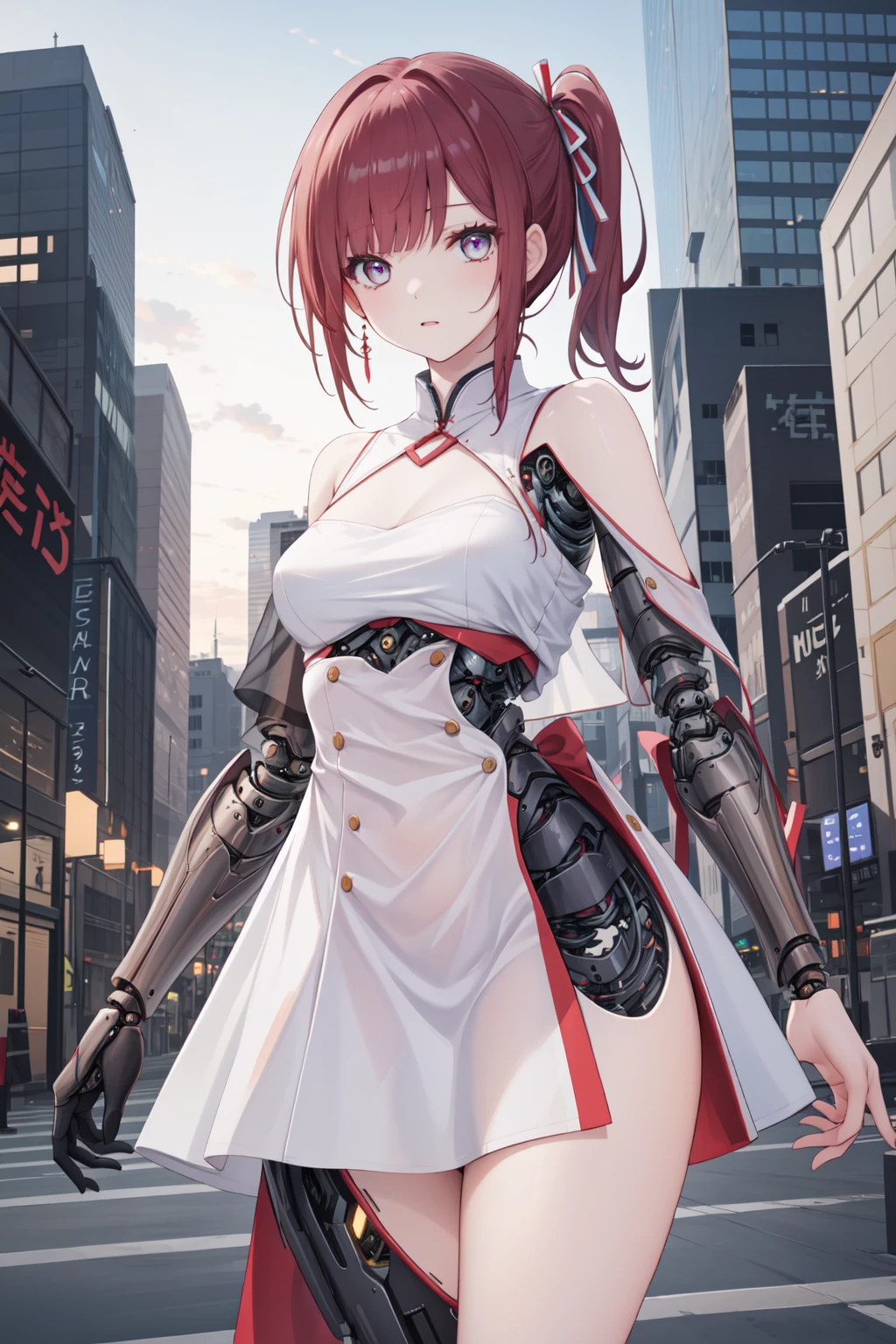 masterpiece,best quality,highres,ultra-detailed,(facing_viewer:1.1),solo,1girl,side ponytail,medium_breasts,solo,standing,outdoors,city,cowboy shot,machine girl,android,(mechanical parts:1.2),joints,<lora:machine_girl:1>,dress,