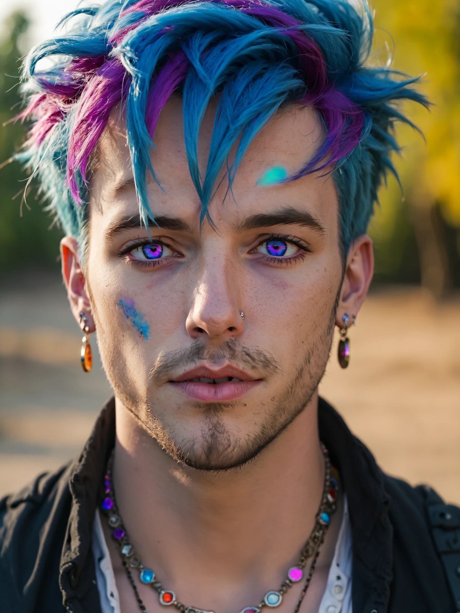 1boy, male focus, mcudpstyle, beard, facial hair, heterochromia, red eyes , blue eyes, multicolored hair, blue hair, purple hair, stubble, miqote, closed mouth, earrings, jewelry, looking at viewer, outdoors, <lora:MCU-DeadpoolMovieStyle:0.8>