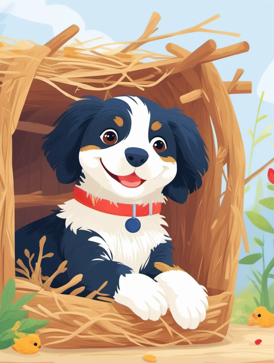 masterpiece,high quality,a lovely puppy,lying in the nest,eating bones,J_illustration,