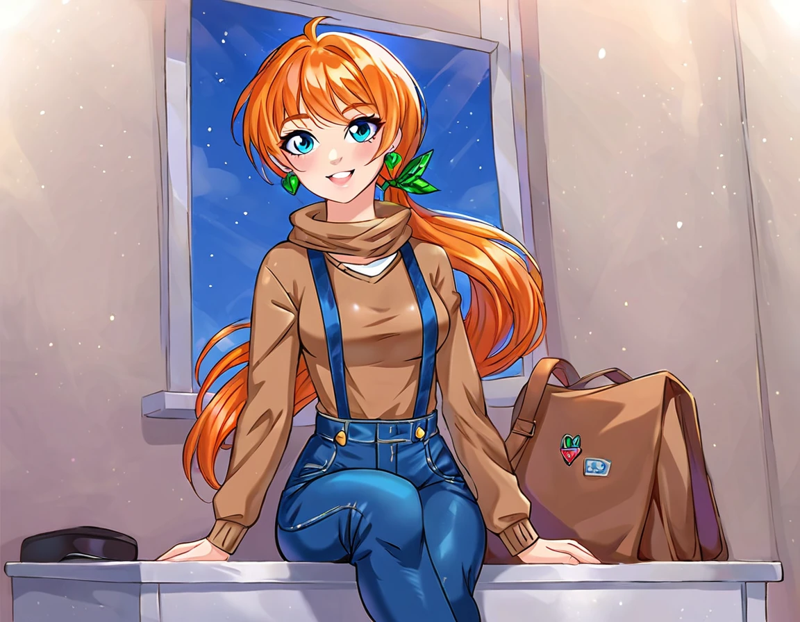 DTLDVN, 1girl, ((BACKGROUND night school)), semirealistic, score_9, 
denim pants with suspenders, green earrings, brown sweatshirt, sitting, (portrait), from below
(solo)