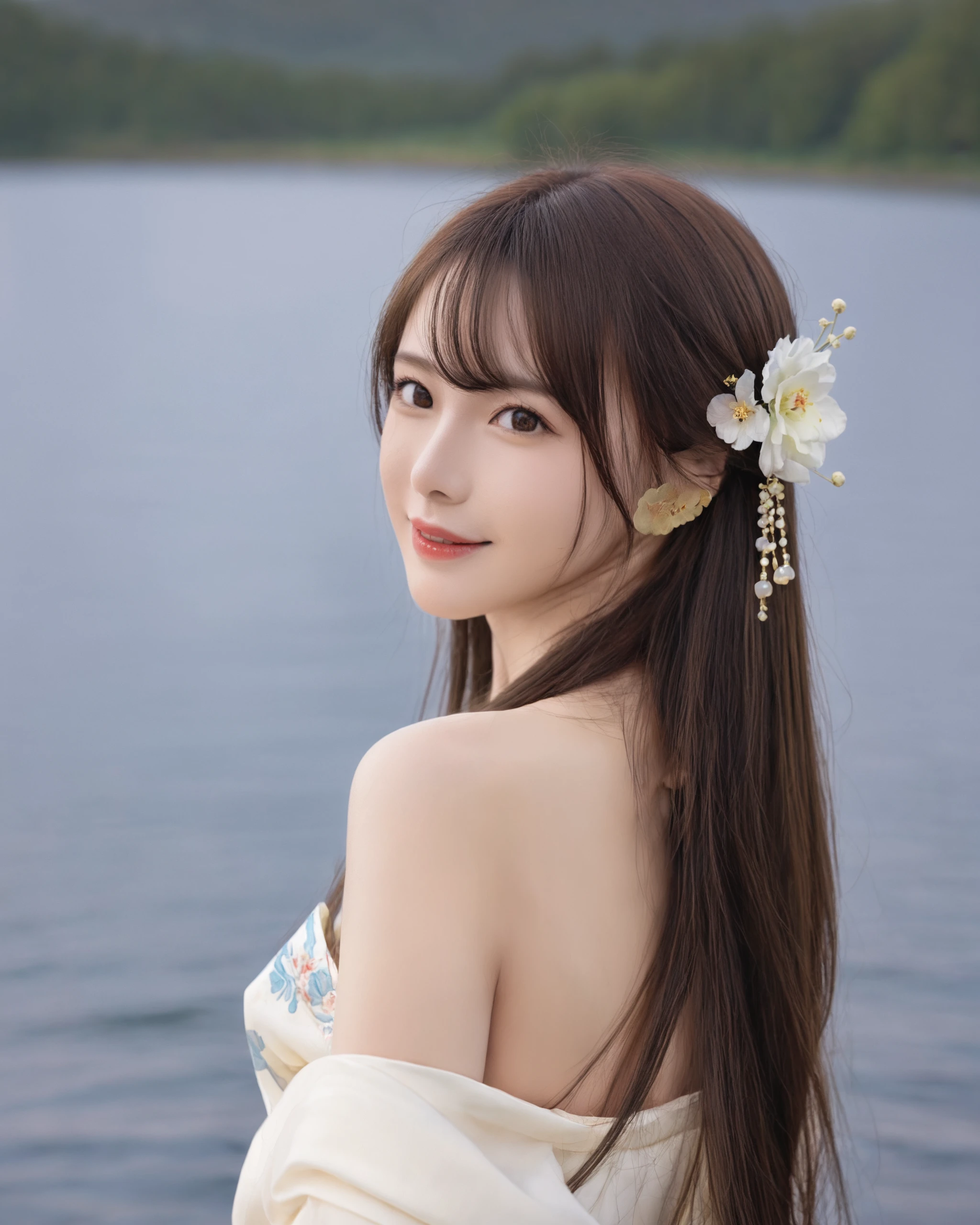 Score_9, Score_8_up, Score_7_up,1girl, solo, hair ornament, flower, hair flower, blurry, smile, brown hair, looking at viewer, lips, looking back, depth of field, portrait, long hair, blurry background, bangs, japanese clothes, bare shoulders, red lips, parted lips,outdoors,lake,