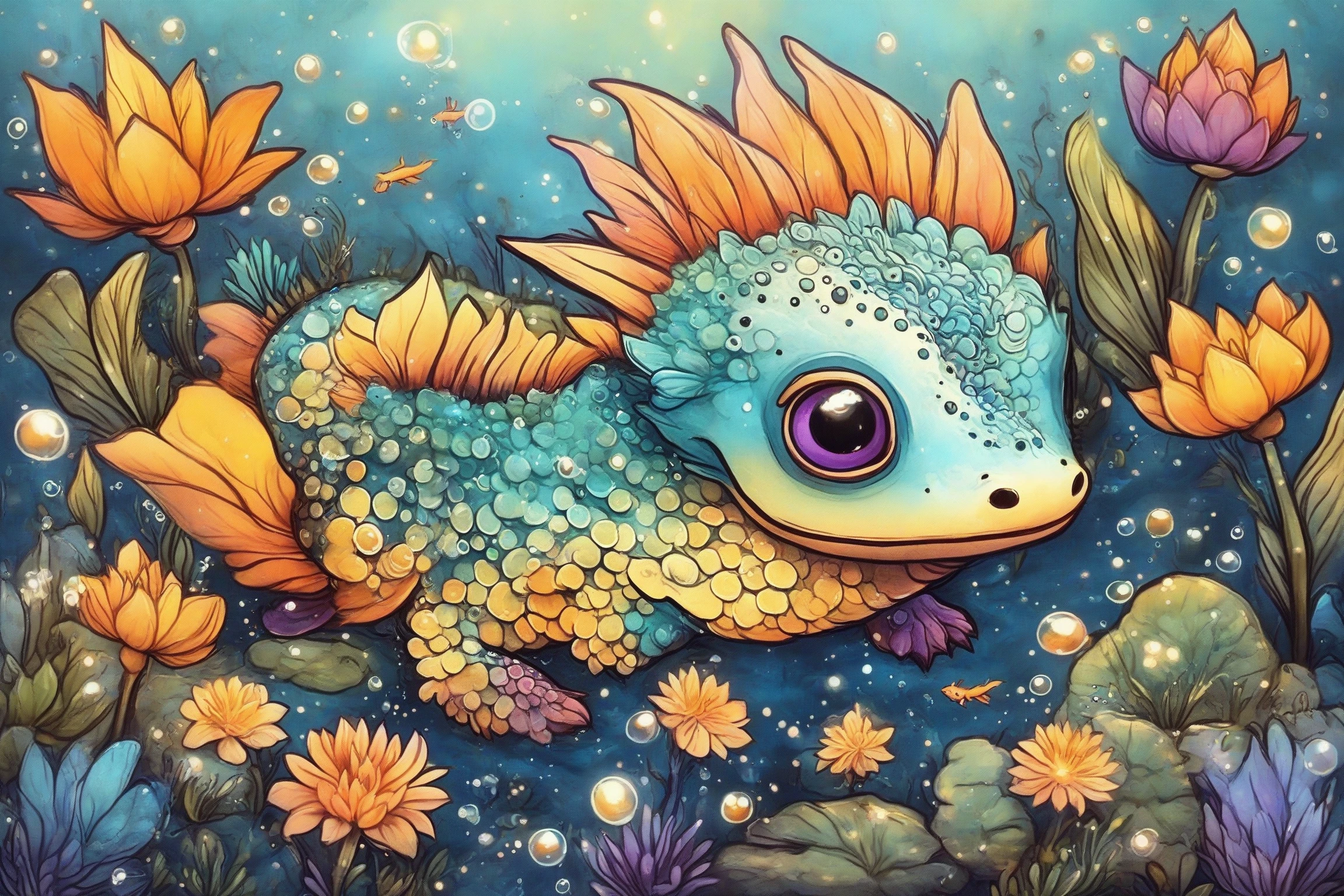 A vibrant and whimsical creature resembling a mix between an axolotl and a dragon. It has a teal body adorned with intricate patterns and spots, large round eyes with hints of yellow, and feathery pink appendages that look like wings or fans. The creature is surrounded by a myriad of colorful seaweeds and marine plants in shades of purple, yellow, and orange. Bubbles float around, suggesting an underwater setting. The creature seems to be resting or floating amidst this aquatic flora, with its tail curled around.