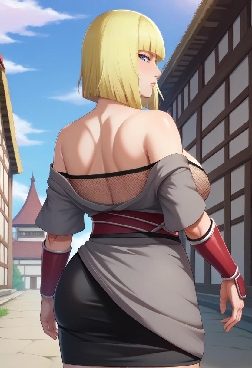 score_9,score_8_up,score_7_up,score_9,4k,HD,8k,highres,antialiasing,detailed,texture,cinematic lighting BREAK <lora:samui:0.9>,samuiSDXL,1girl,solo,short hair,blue eyes,skirt,blonde hair,large breasts,cleavage,red vambraces,fishnets,grey kimono,cowboy shot,village,looking at viewer,from behind, looking back,