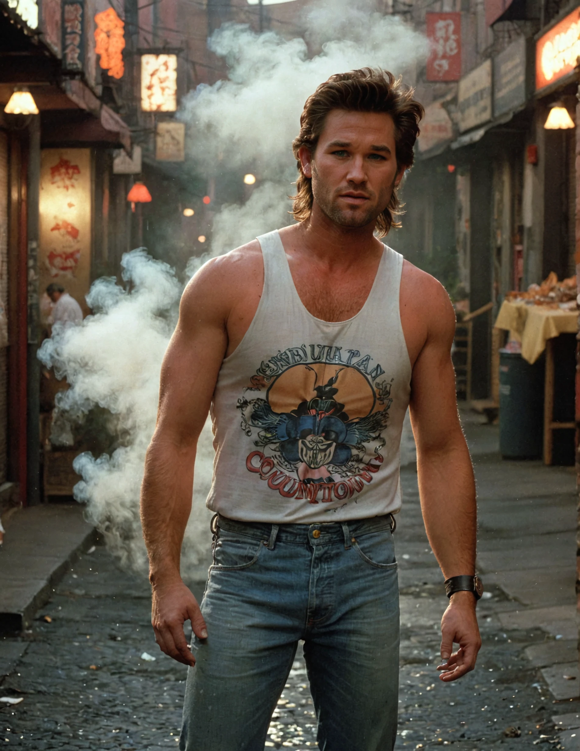 high resolution photo of jckburton man,wearing white tank top,denim jeans,boots,bokeh,depth of field,masterpiece,volumetric fog,volumetric lighting,film grain,in a chinatown street