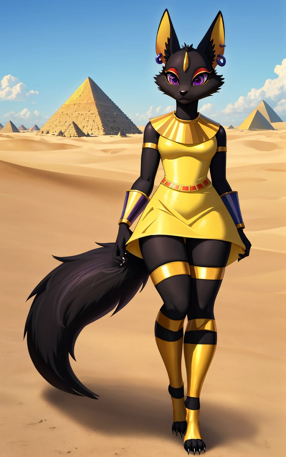 8k,4k,((Best quality, masterpiece, ultra high resolution)),  <lora:PatraPM:0.7>,PatraPM,,tail, animal ears,purple eyes, black fur, furry, furry female,earrings, jewelry, yellow dress,body fur,makeup,vambraces,egyptian, animal nose,white background,legwear, yellow legwear,feet,slim,thighhighs,short dress,claws,barefoot,short dress,black skin,solo,desert, pyramids, town,blue sky,clouds,standing