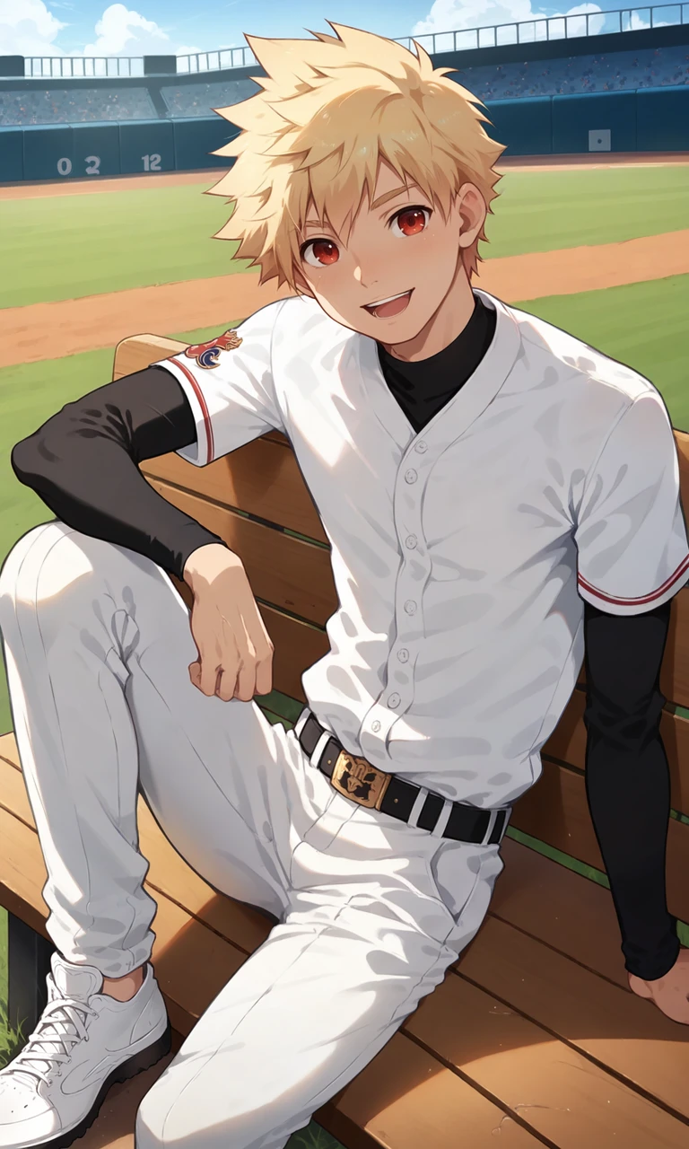 score_9, score_8_up, score_7_up, masterpiece, best quality, lots of details, close-up, ((1boy)), Ichiru, solo, slim, red eyes, mouth open, light smile, male focus, sitting, on bench, looking at viewer, white pants, white shirt, black sleeves, shaded, detailed shading, detailed skin, shaded skin, realistic shading, Expressiveh, countershading:1.1, baseball field, outdoors, <lora:add-detail-xl:0.7>, <lora:Smooth Anime 2 Style SDXL_LoRA_Pony Diffusion V6 XL:0.8>, <lora:Expressive_H:0.7>, <lora:Ichiru_XL_V10_OPT:0.9>