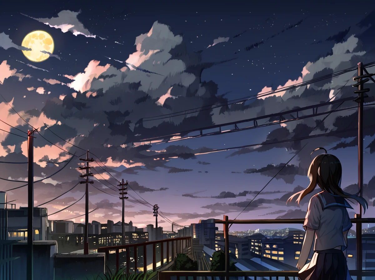 <lora:Aesthetics_Enhancer_pony:0.8>,score_9, score_8_up, score_7_up,BREAK 
EnhanceImage,low light, 1girl, sky, solo, cloud, scenery, school uniform, night, outdoors, power lines, star (sky), serafuku, skirt, moon, night sky, black hair, ahoge, from behind, starry sky, cityscape, long hair, railing, city, building