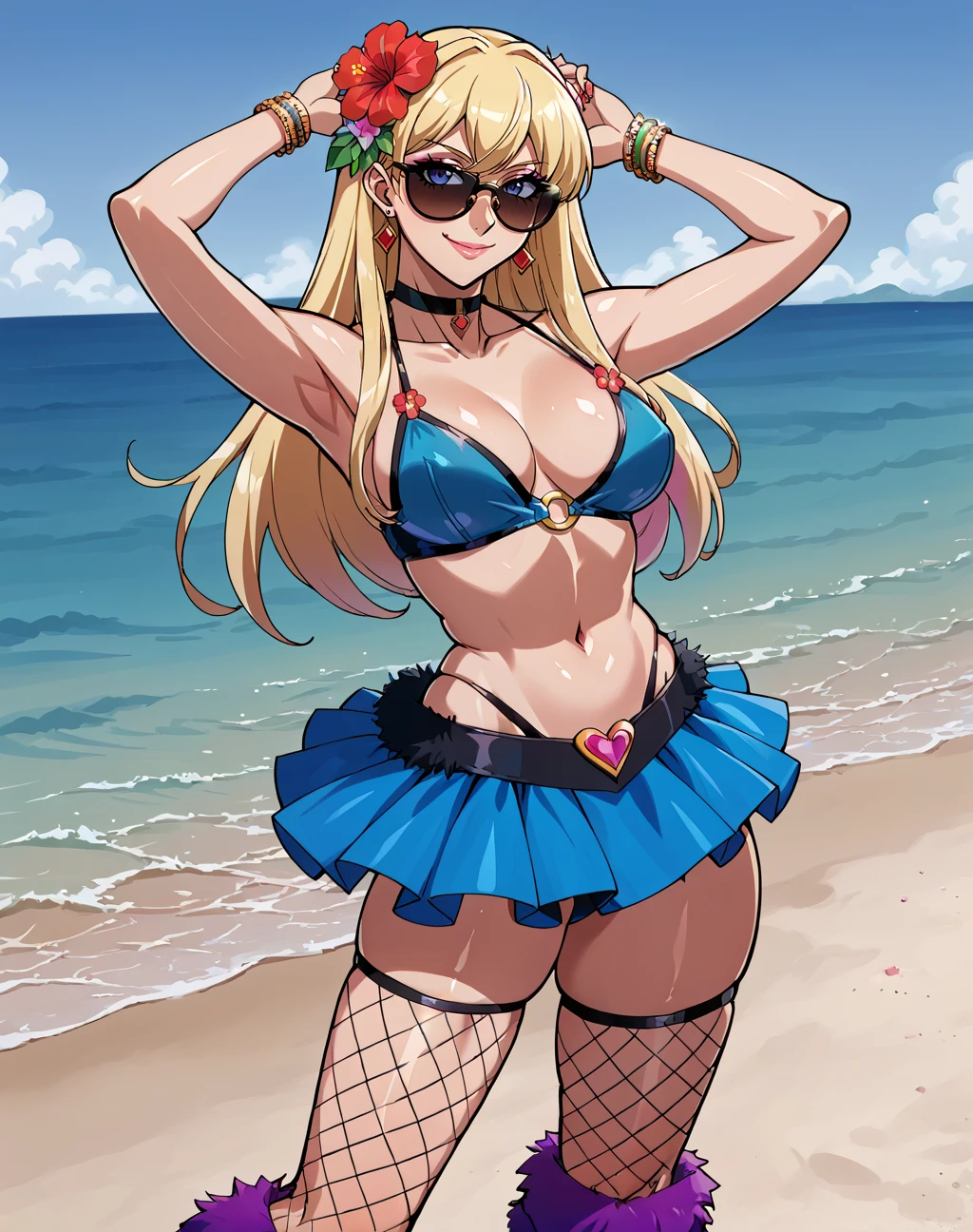 score_9, score_8_up, score_7_up, score_6_up, score_5_up, score_4_up, BREAK ,1girl,solo,smile,puffy lips,lipstick,source_anime,digital painting,looking at viewer,large breasts,dancing,beach background
edgRavegirl, long hair, breasts, smile,  hair ornament, gloves, jewelry, flower, solo focus, hair flower, nail polish, bracelet,wearing edgRavegirl,fishnets,fur leg warmers,skirt,bikini top only  
 <lora:edgRavegirlPonyv1:1>
 <lora:edgNadiaPony:0.75> nadia, sunglasses, choker,