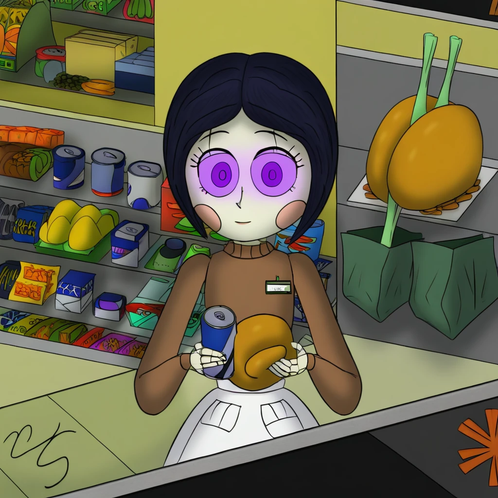 wallpaper background, purple eyes, white skirt, clerk uniform, holding can, grocery store background, sitting at check out counter, brown sweater, holding turkey on plate