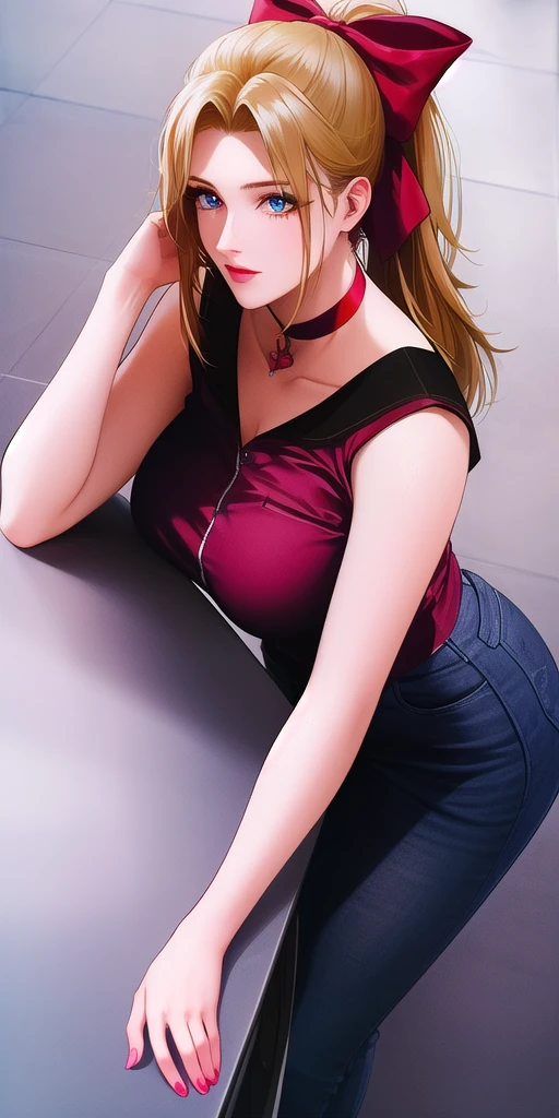<lora:LucyMcMillanV3:1> lucy_mcmillan, half_updo_red_hair_bow, red_choker, huge_breasts, standing, solo,, masterpiece, best_quality, detailed_face, detailed_eyes, highres, beautiful, detailed, absurdres,