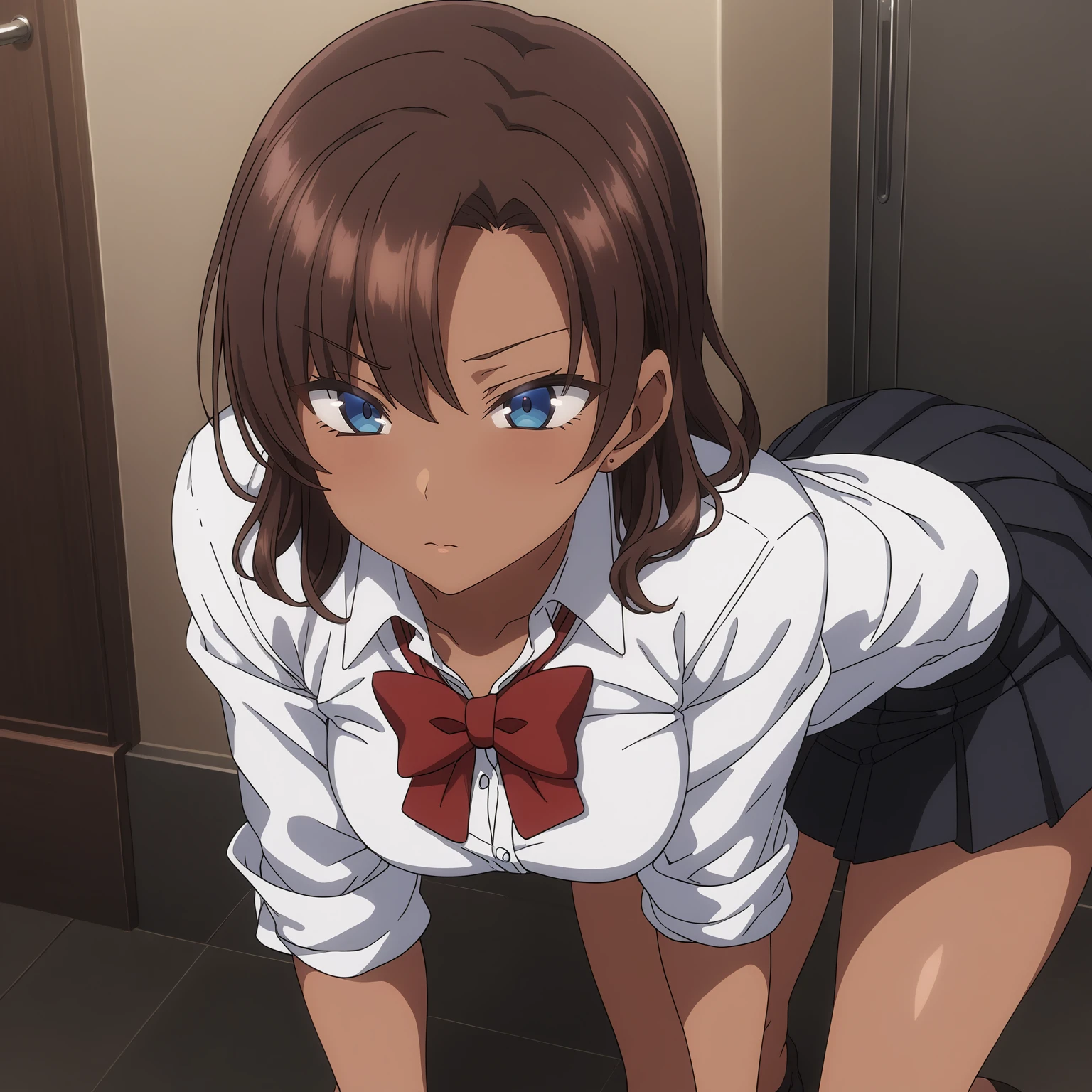 <lora:SaeHinataXL001>,
solo,
anime screencap,
best quality,masterpiece,
SaeHinata,1girl,brown hair,medium hair,blue eyes,dark-skinned female,
white shirt,red bowtie,sleeves rolled up,
pleated_skirt,black skirt,
black socks,