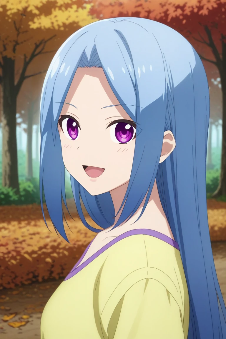 score_9, score_8_up, score_7_up, source_anime, rating_safe, intricate details, anime screencap, anime coloring, , looking at viewer, depth of field, 1girl, solo, <lora:aya_arisugawa_pony:0.86>, aya_arisugawa, blue hair, purple eyes, long hair, bangs, parted bangs, from side, trees, autumn, leaves, day, sunny, standing, laughing, , <lora:sdxl_lightning_8step_lora:1>