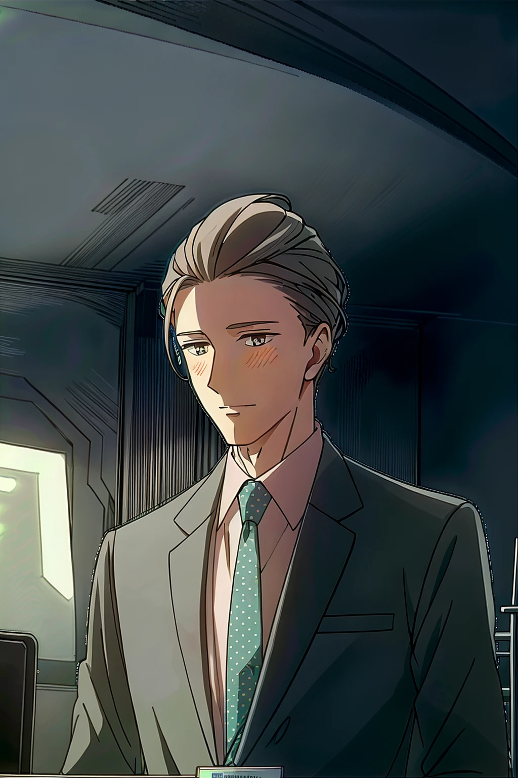 (((HDR,UHD,8K,best quality,masterpiece,Insane Details))),1boy,yusei,solo,male focus,blazer,collared shirt,upper body,solid eyes,grey jacket,holding,id card,blush,looking at object,shirt,smile,upper body,white shirt,<lora:Yusei V3-000008:0.75>,indoors,in the office,((Gradient,high angle,angled,neon light)),<lora:add_detail:1>,