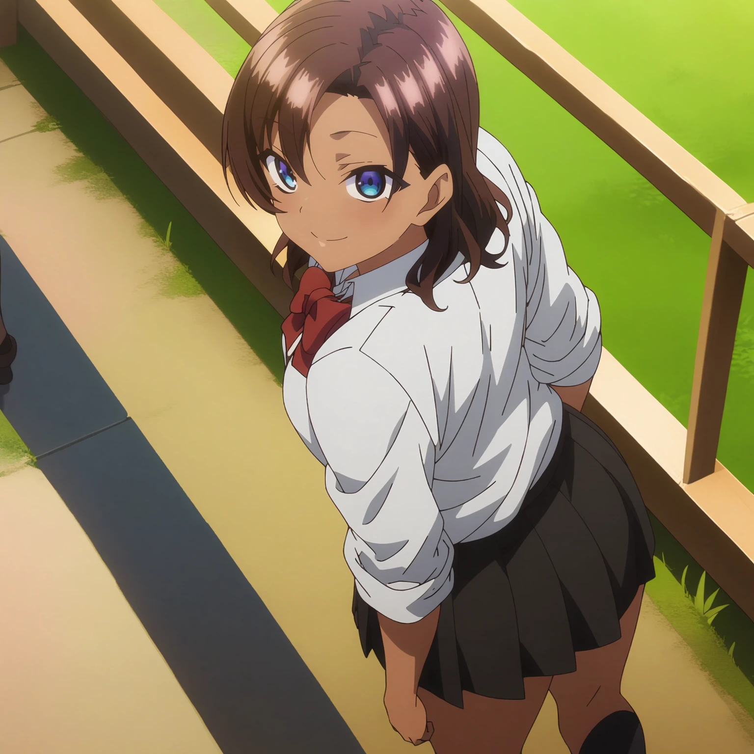 <lora:SaeHinataXL001>,<lora:bold-16oa:-0.5>,
masterpiece,best quality,ultra-detailed:1.5,8K,best illustration,very aesthetic,absurdres,anime screencap,official art,
looking at viewer,smile,
solo,
SaeHinata,1girl,brown hair,medium hair,blue eyes,dark-skinned female,
white shirt,red bowtie,sleeves rolled up,
pleated_skirt,black skirt,
black socks,
outdoors,
full body,standing,looking back,
