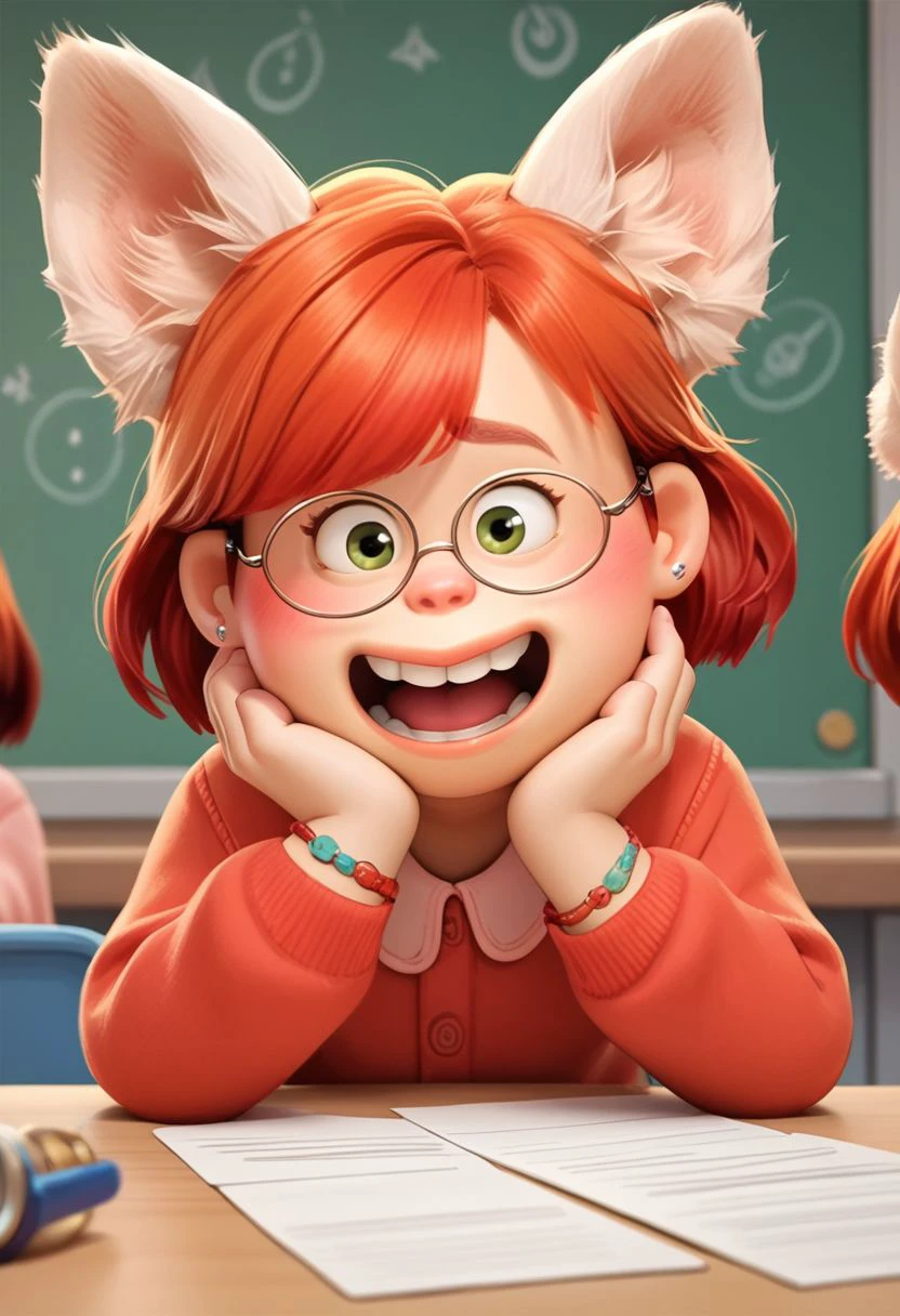 score_9, score_8, score_7, score_6, Mei Lee, 1girl, rating_questionable, at a desk, animal ears, red hair, happy