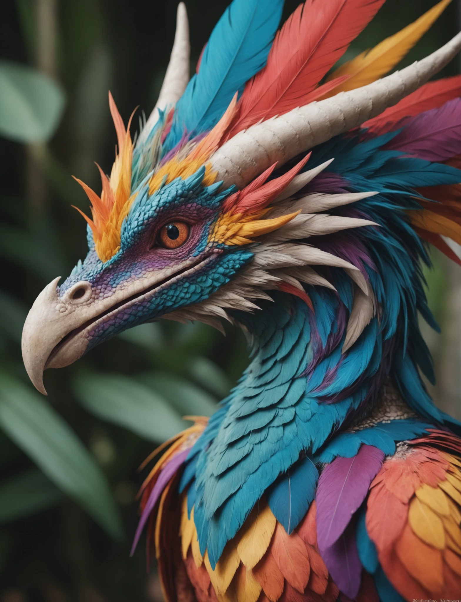 (Highest Quality, 4k, masterpiece, Amazing Details:1.1), a colorful exotic dragon_bird, feathers, film grain, Fujifilm XT3, photography,