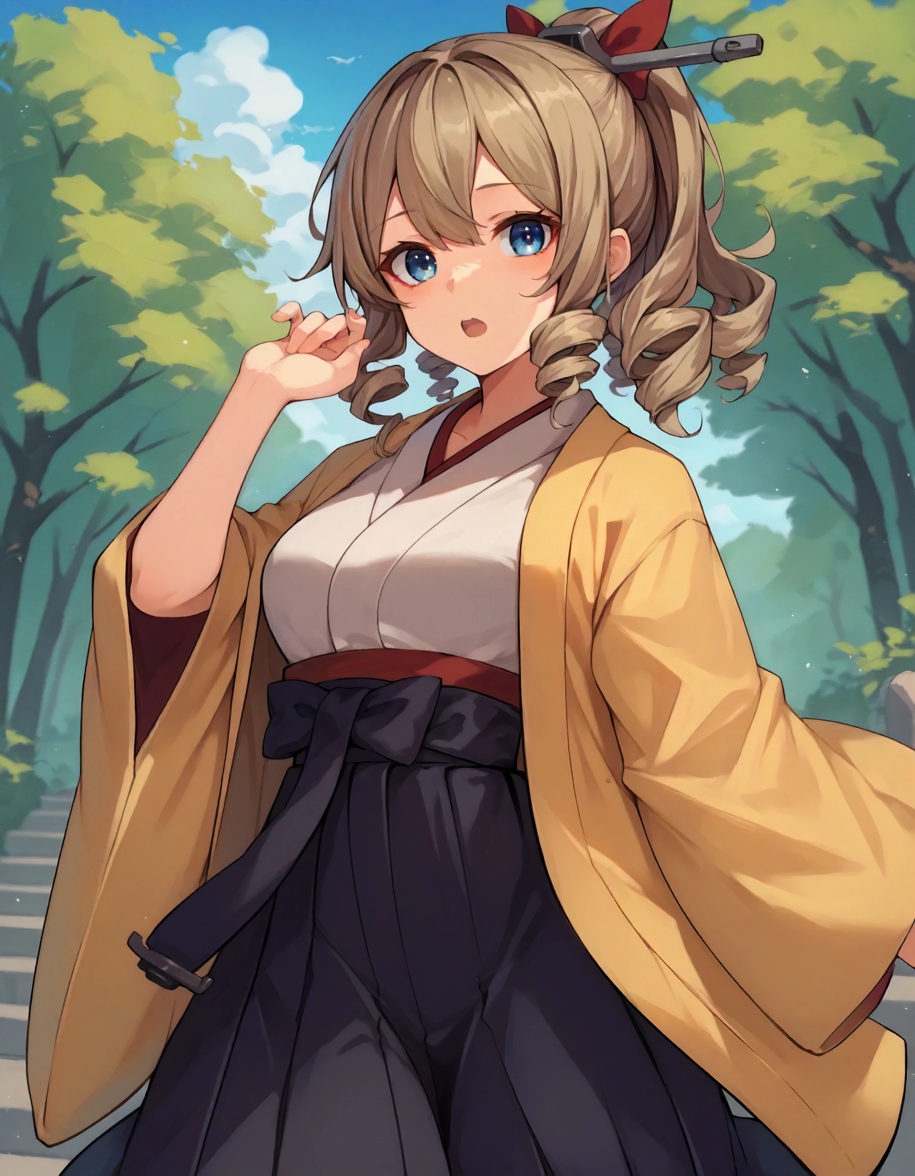 score_9,score_8_up,score_7_up,source_anime,
1girl,solo,cowboy shot,looking at viewer,open mouth,
<lora:hatakaze_ponyXLV6:0.6>,kchtkz,light brown hair,
ponytail,drill hair,blue eyes,
hair ornament,red bow,
japanese clothes,white kimono,yellow haori,black hakama skirt