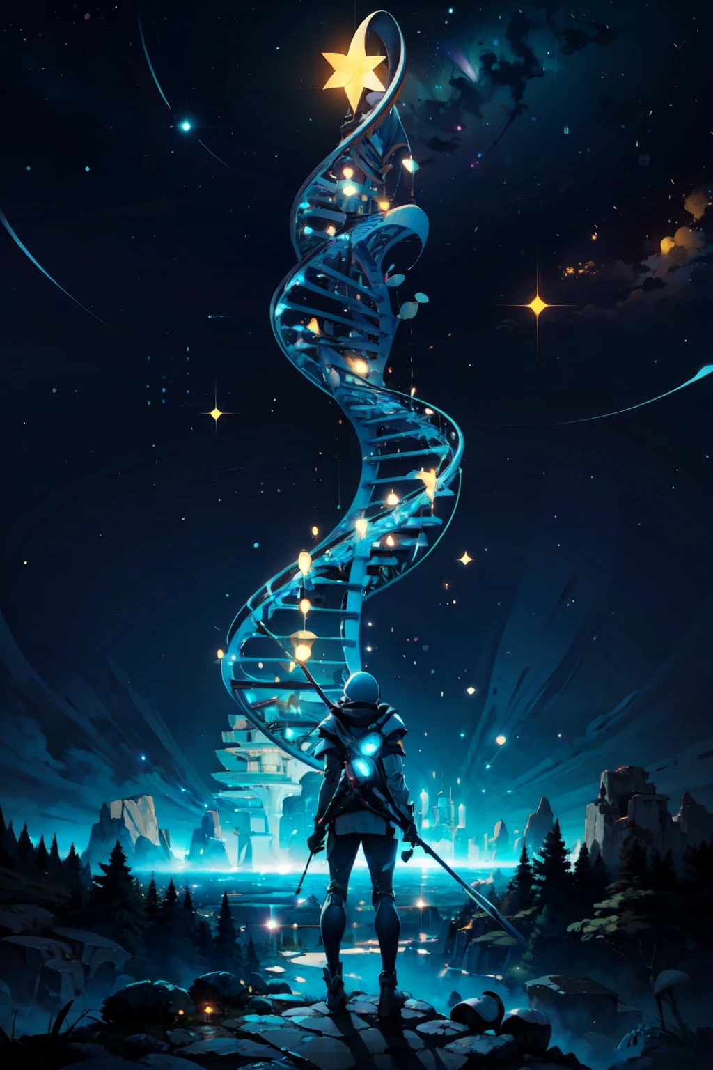 ((masterpiece,best quality)), absurdres,   <lora:DNA:0.8>,   DNA, sky, no humans, star (sky), night sky, scenery, starry sky, space,    <lora:Scifi_Environment_Concept_Art:0.8>, minimalist, game asset, cinematic, movie poster, cold colors, blue theme, holding, standing, weapon, outdoors, from behind, tree, glowing, nature, scenery, forest, fantasy, mushroom,