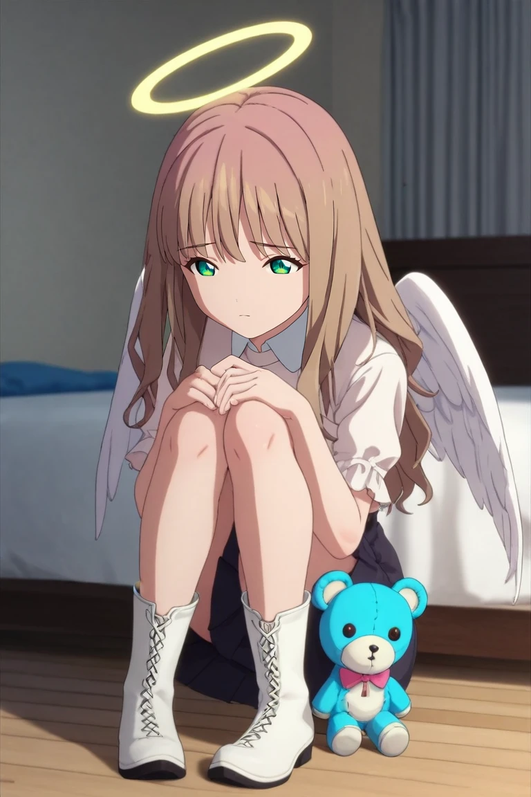 score_9, score_8_up, score_7_up, source_anime, rating_safe, intricate details, (3d:0.4), , , 1girl, solo, <lora:yume_minami_pony:0.9>, yume_minami, brown hair, green eyes, long hair, bangs, straight-on, full body, bedroom, (plush), indoors, light, (pose), sad, pompom, high-waist skirt, angel wings, halo, knee high boots, <lora:sdxl_lightning_8step_lora:1>