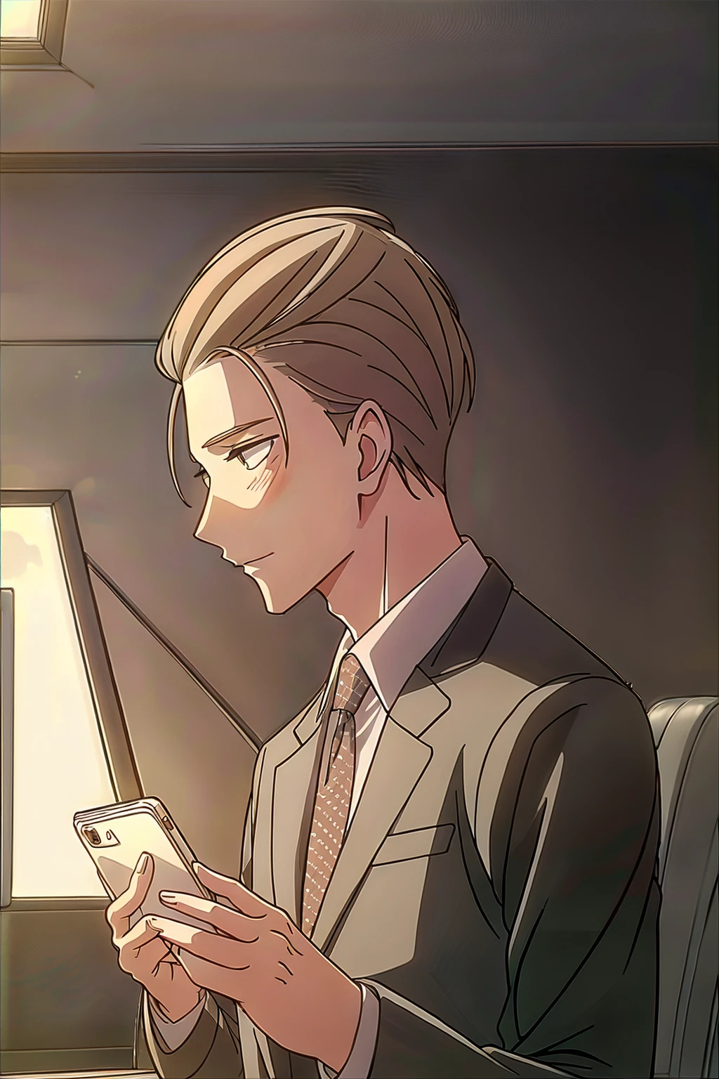 (((HDR,UHD,8K,best quality,masterpiece,Insane Details))),1boy,yusei,solo,male focus,blazer,collared shirt,upper body,solid eyes,grey jacket,holding,id card,blush,looking at object,shirt,smile,upper body,white shirt,<lora:Yusei V3-000008:0.75>,indoors,in the office,((Looking At Phone,side view,wide-angle view,hard lighting)),<lora:add_detail:1>,