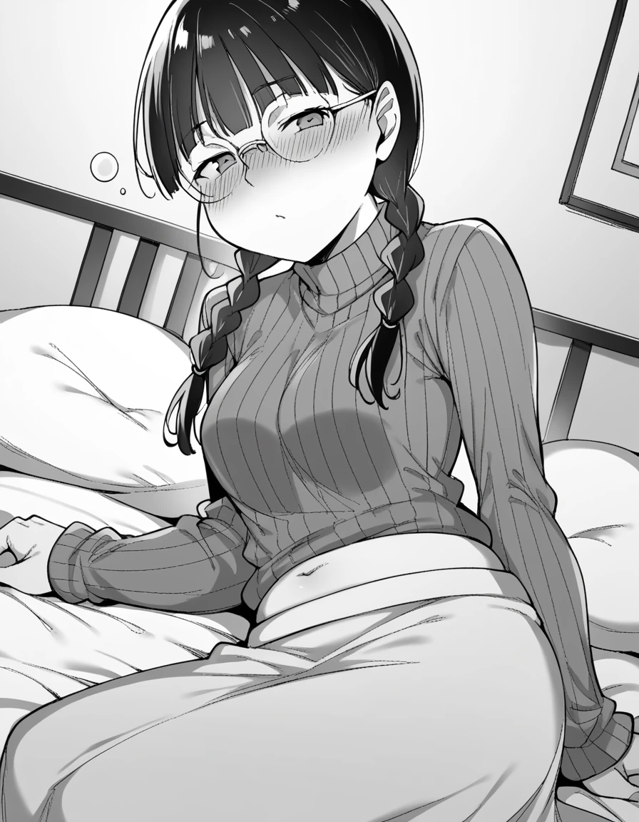 score_9, score_8_up, score_7_up, source_anime,
ringoyamiyoshi, <lora:ringoya-miyoshi-manga-ponyxl-lora-nochekaiser:1>,
miyoshi, long hair, bangs, braid, glasses, twin braids, monochrome, greyscale,
long sleeves, navel, sweater, turtleneck, turtleneck sweater, skirt, long skirt,
indoors, bed, bed room, on side, blush, drunk,
looking at viewer, solo, dutch angle, cowboy shot,