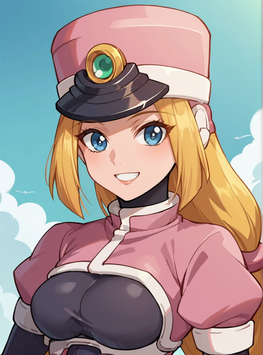 score_9, score_8_up, score_7_up, score_6_up, score_5_up, score_4_up, BREAK source_anime, masterpiece , anime screencap, anime_lineart anime coloring,  <lora:PraireZX:1>prairiezx, 1girl, blue eyes, hat, long hair, blonde hair, gloves, solo, smile, shako cap, low-tied long hair, android, white gloves, medium breasts, pink headwear, bodysuit