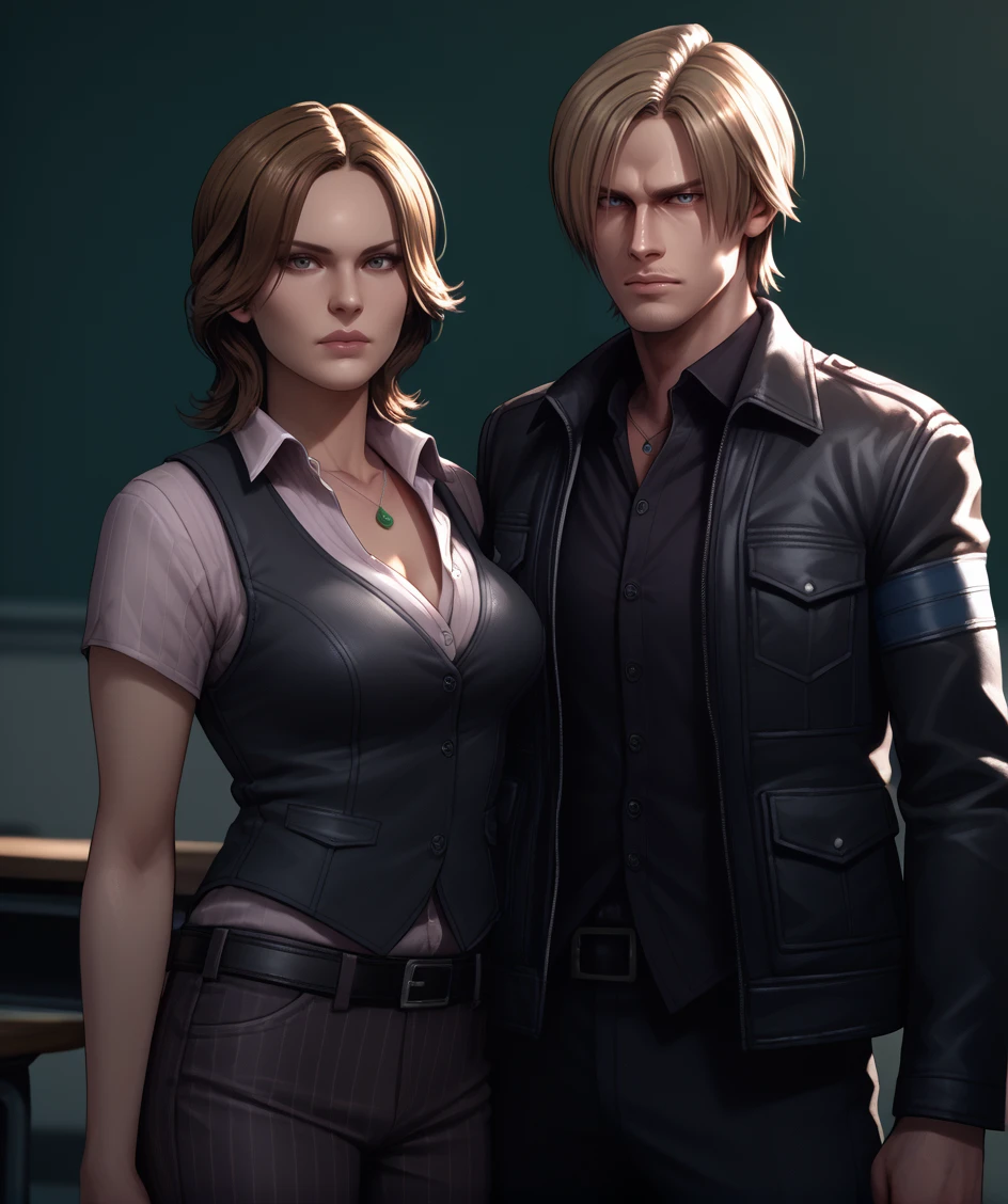 score_9, score_8_up, score_7_up, score_6_up, score_5_up, score_4_up, source_anime, photoshop \(medium\),<lora:RE6_t1-000012-128:1.0> 1boy, Leon Kennedy, 1girl, Helena Harper, standing, school campus, looking at viewer, pants, vest, jacket, necklace