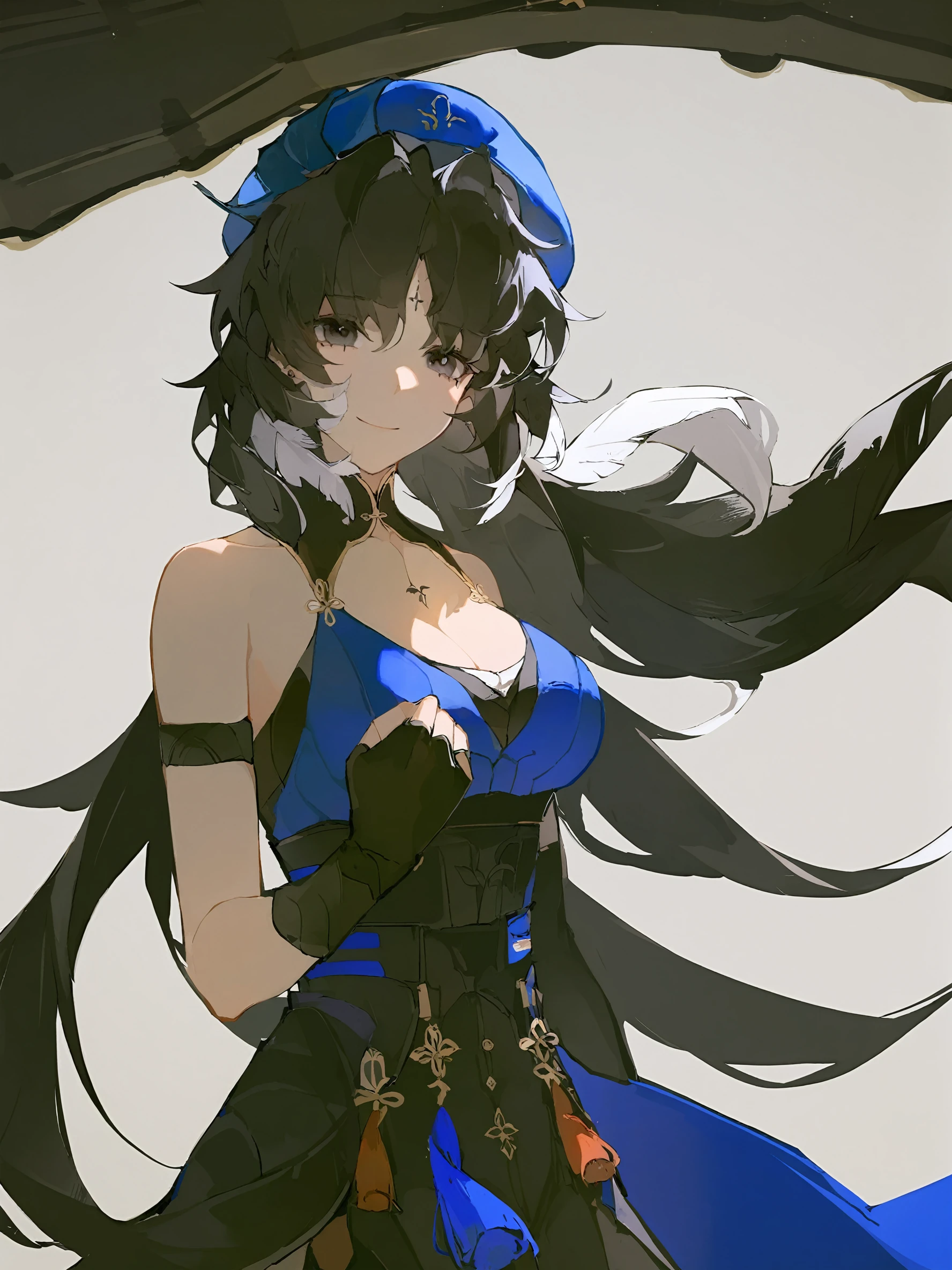 1girl,
yangyang \(wuthering waves\),
solo, black eyes, looking at viewer, hat, blue hat, upper body, white background, black gloves, hair between eyes, simple background, breasts, black hair, closed mouth, collarbone, long hair, cleavage, fingerless gloves, medium breasts, feather hair, hand on own chest, bare shoulders, smile, gloves, chinese clothes,
masterpiece, best quality, safe
<lora:mki-ani31-ahriii-v1-000125:1> <lora:mki-ani3-yangyang-v3:1>