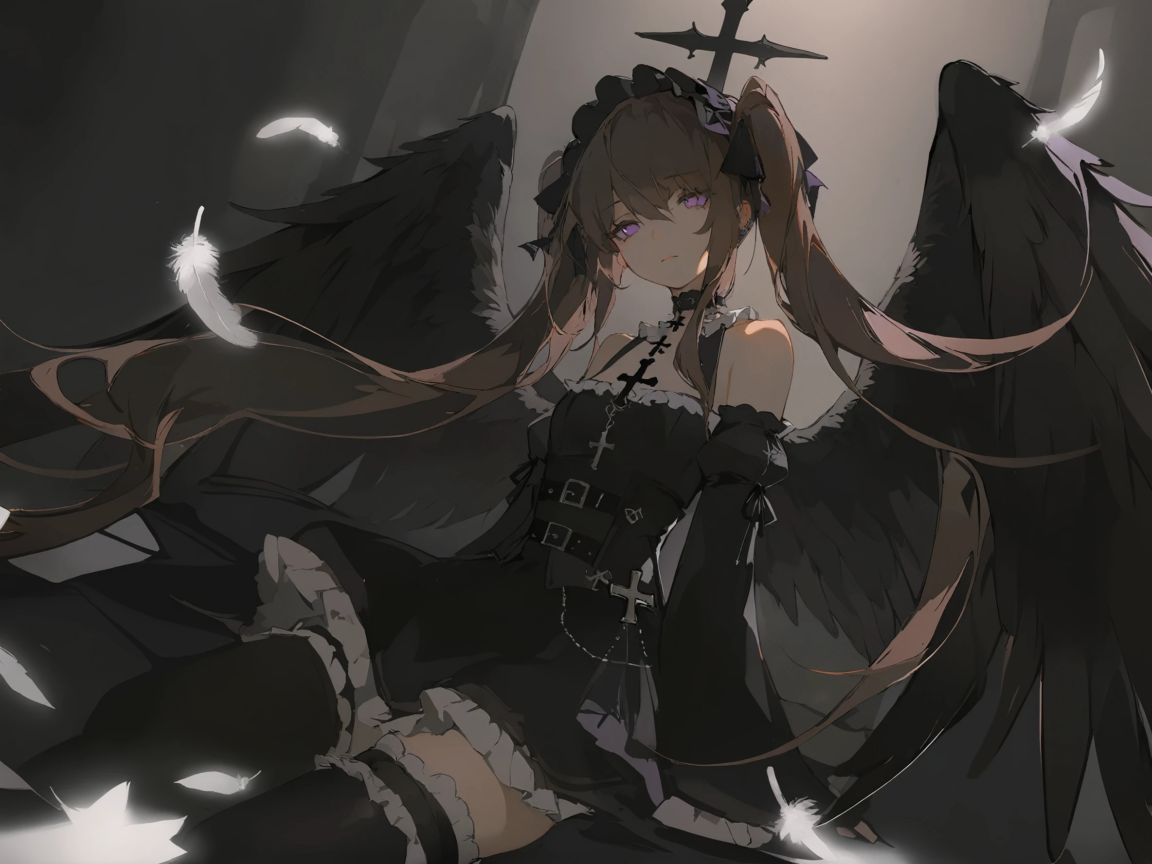1girl,
solo, gothic 1011ta, latin cross, goth fashion, thighhighs, twintails, frills, black theme, 1011ta fashion, dutch angle, very long hair, cross, feathered wings, black thighhighs, choker, gothic, angel wings, black wings, wings, feathers, purple eyes, zettai ryouiki, dress, detached sleeves, long hair, hair ribbon, ribbon, brown hair, black dress, bare shoulders, frilled thighhighs, glowing,
masterpiece, best quality, safe
<lora:mki-ani31-ahriii-v1-000125:1>