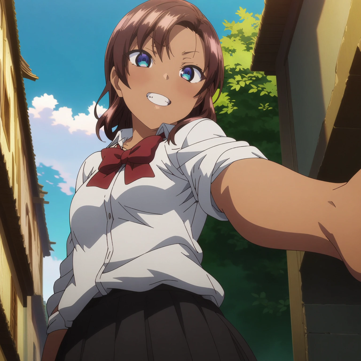<lora:SaeHinataXL001>,<lora:bold-16oa:-0.5>,
masterpiece,best quality,ultra-detailed,8K,best illustration,very aesthetic,absurdres,anime screencap,official art,
looking at viewer,blush,grin,
solo,
SaeHinata,1girl,brown hair,medium hair,blue eyes,dark-skinned female,
white shirt,red bowtie,sleeves rolled up,
pleated_skirt,black skirt,
outdoors,
full body,standing,from below,