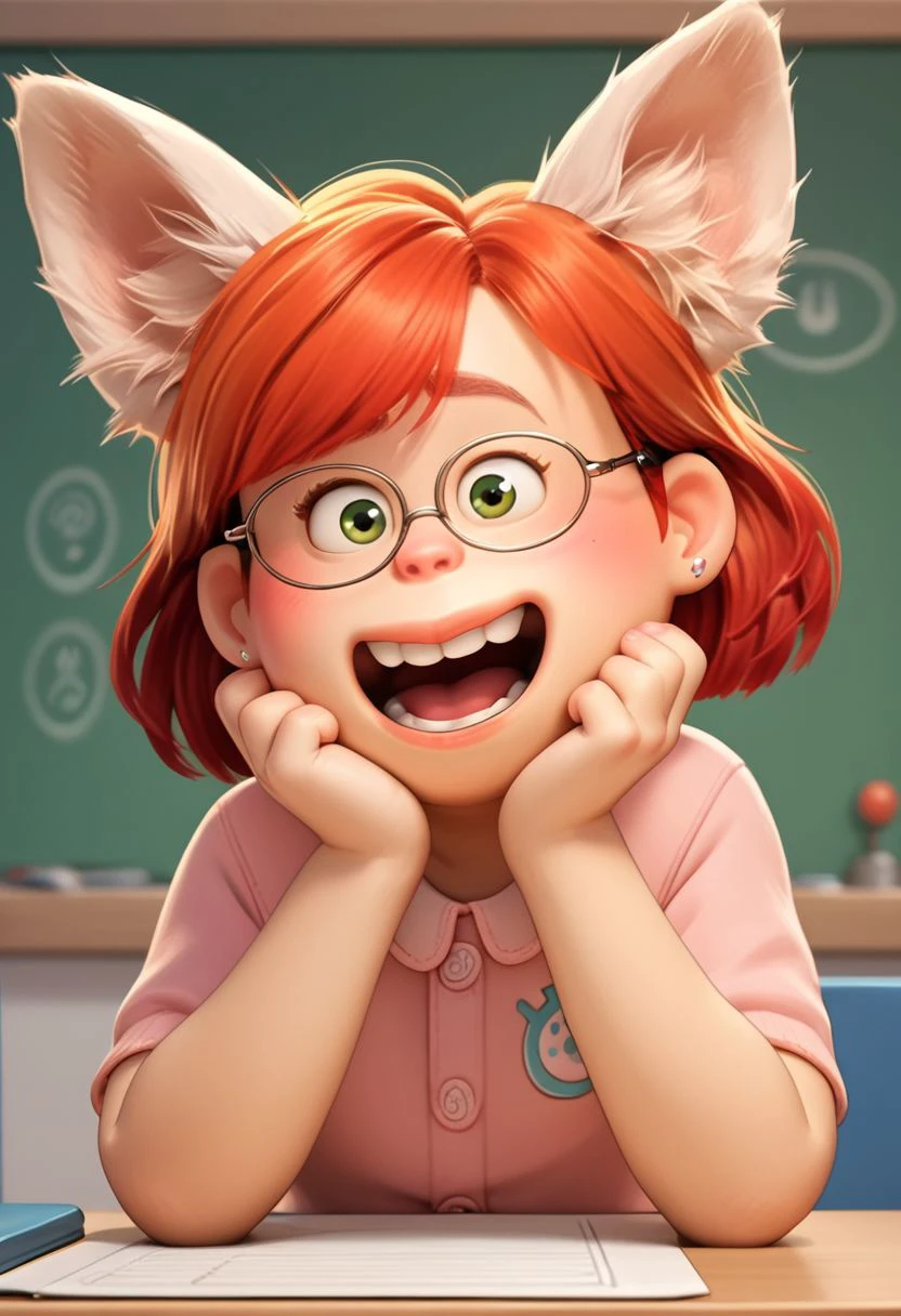 score_9, score_8, score_7, score_6, Mei Lee, 1girl, rating_questionable, at a desk, animal ears, red hair, happy