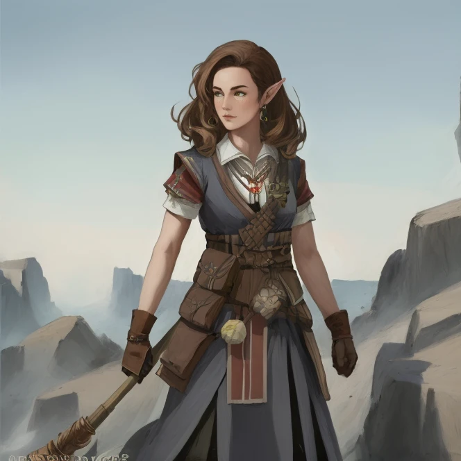 cowboy shot, solo, <lora:octaviaPathfinderKingmaker:0.8>, octavia, brown hair, long hair, wavy hair, pointy ears, brown eyes, freckles, mole under eye, earrings, necklace, collared shirt, short sleeves, brown gloves, belt, pouch, waist cloth, scrolls, green pants, knee boots, simple background, highres, Digital art, trending on artstation, best quality, insanely detailed, masterpiece, stunning environment, wide-angle,