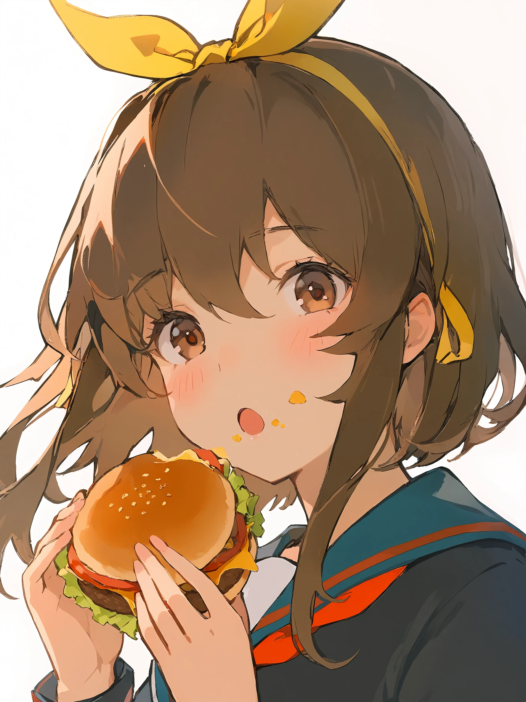 1girl,
solo, looking at viewer, holding food, blush, eating, school uniform, food, brown eyes, hairband, brown hair, :o, short hair, yellow hairband, close-up, white background, hair ribbon, long sleeves, simple background, yellow ribbon, open mouth, kita high school uniform, serafuku, food on face, red ribbon, holding, ribbon, winter uniform, burger, hair between eyes, portrait,
masterpiece, best quality, safe
<lora:mki-ani31-ahriii-v1-000125:1>