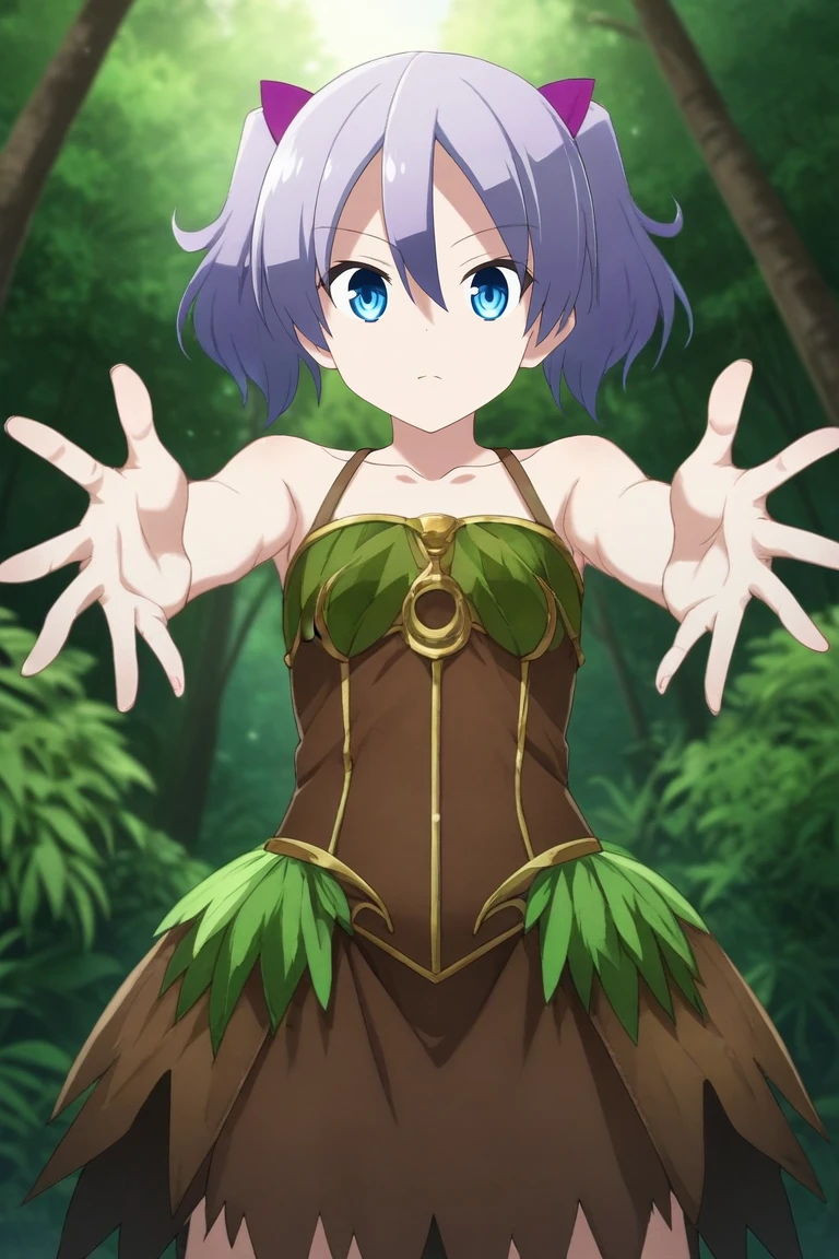 score_9, score_8_up, score_7_up, source_anime, rating_safe, , (realistic:0.6), , depth of field, 1girl, solo, <lora:kaname_arisugawa_pony:0.8>, kaname_arisugawa, purple hair, blue eyes, short hair, twintails, short twintails, hair between eyes, from below, jungle, noon, outstretched arms, giggling, armored dress, (jewelry), <lora:sdxl_lightning_8step_lora:1>
