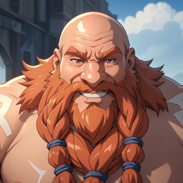 <lora:gragas-10:1> gragas, beard, long beard, mature male, wrinkled skin, manly, old, portrait, (happy kind smile:1.2), blush, bald, carefree easygoing expression, face, face close up, (best quality:1.3), (anime:1.2),(anime screencap:1.2)