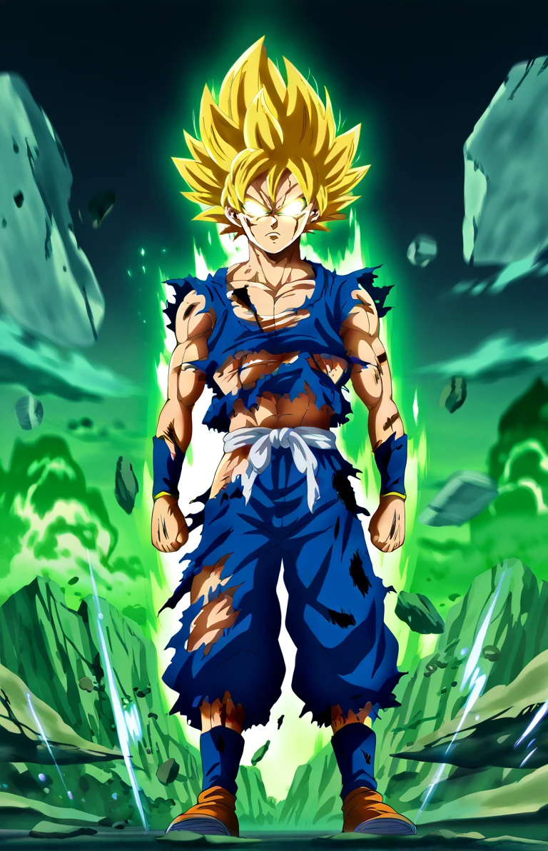 score_9, score_8_up, score_7_up, BREAK source_anime, RageModeV4XL, man, male focus, solo, son goku, torn clothes, looking at viewer, glowing, glowing eyes, yellow aura, blonde hair, short hair, spiked hair, aura, blank eyes, (full body), destroyed city below, destruction, <lora:RageModeV4XL:1>