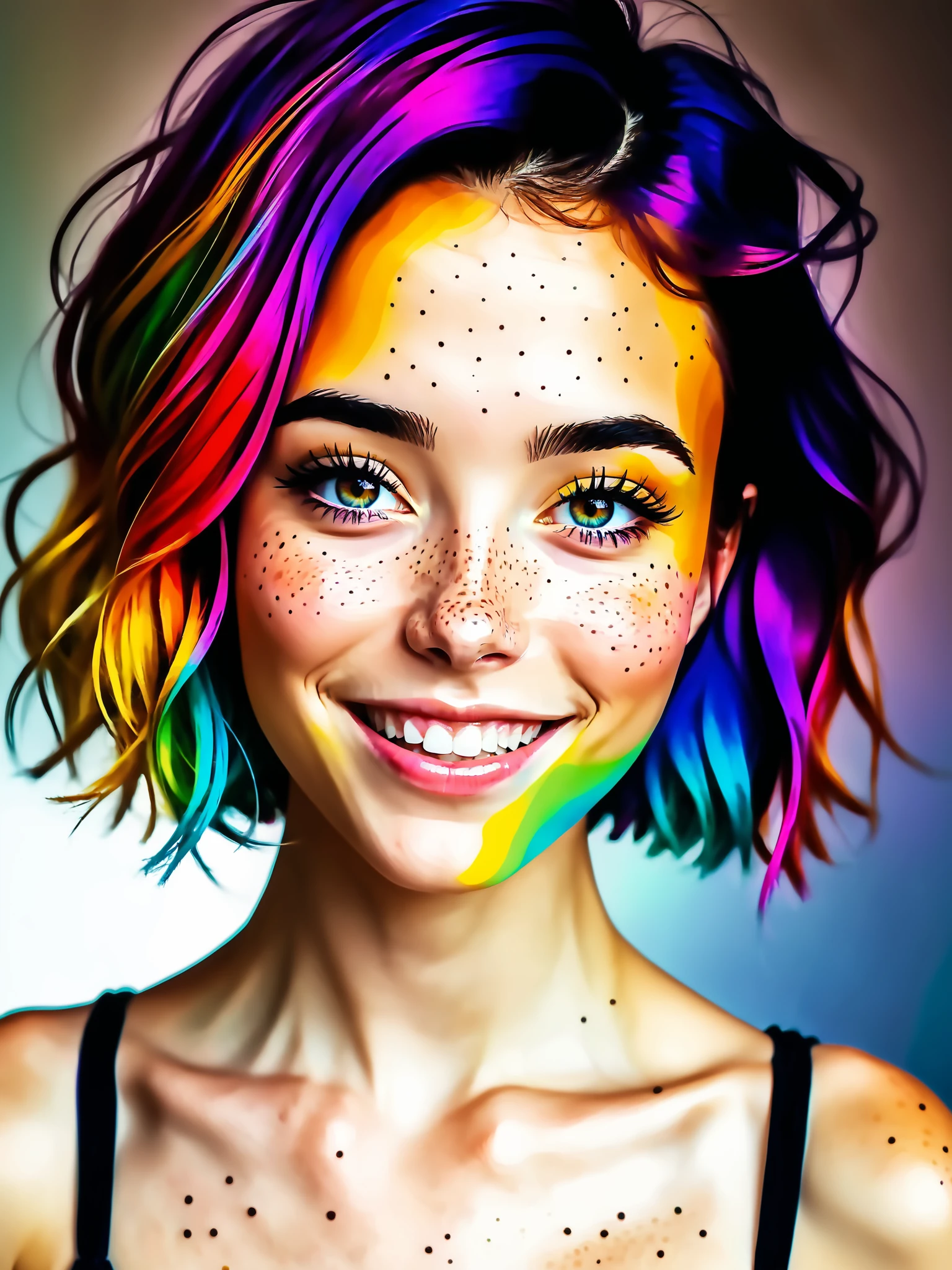 beautiful lady, (freckles), big smile, brown hazel eyes, Short hair, rainbow color hair, dark makeup, hyperdetailed photography, soft light, head and shoulders portrait, cover, mcudpstyle, <lora:MCU-DeadpoolMovieStyle:1>