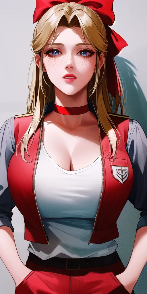 <lora:LucyMcMillanV3:1> lucy_mcmillan, half_updo_red_hair_bow, red_choker, huge_breasts, standing, solo, vest, brown_shirt,, masterpiece, best_quality, detailed_face, detailed_eyes, highres, beautiful, detailed, absurdres,