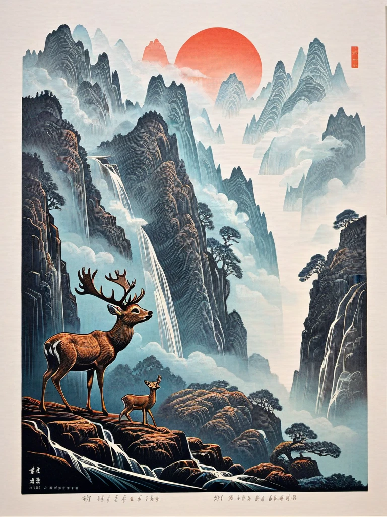 Landscape woodcut prints, high quality, masterpieces, detailed details, minimalist style, ink, ethereal, horizontal, deer, sika deer, waterfalls, sea of clouds, strange and peaks. Engraved colors, bold color schemes, excellent compositions, rich layers, spring,