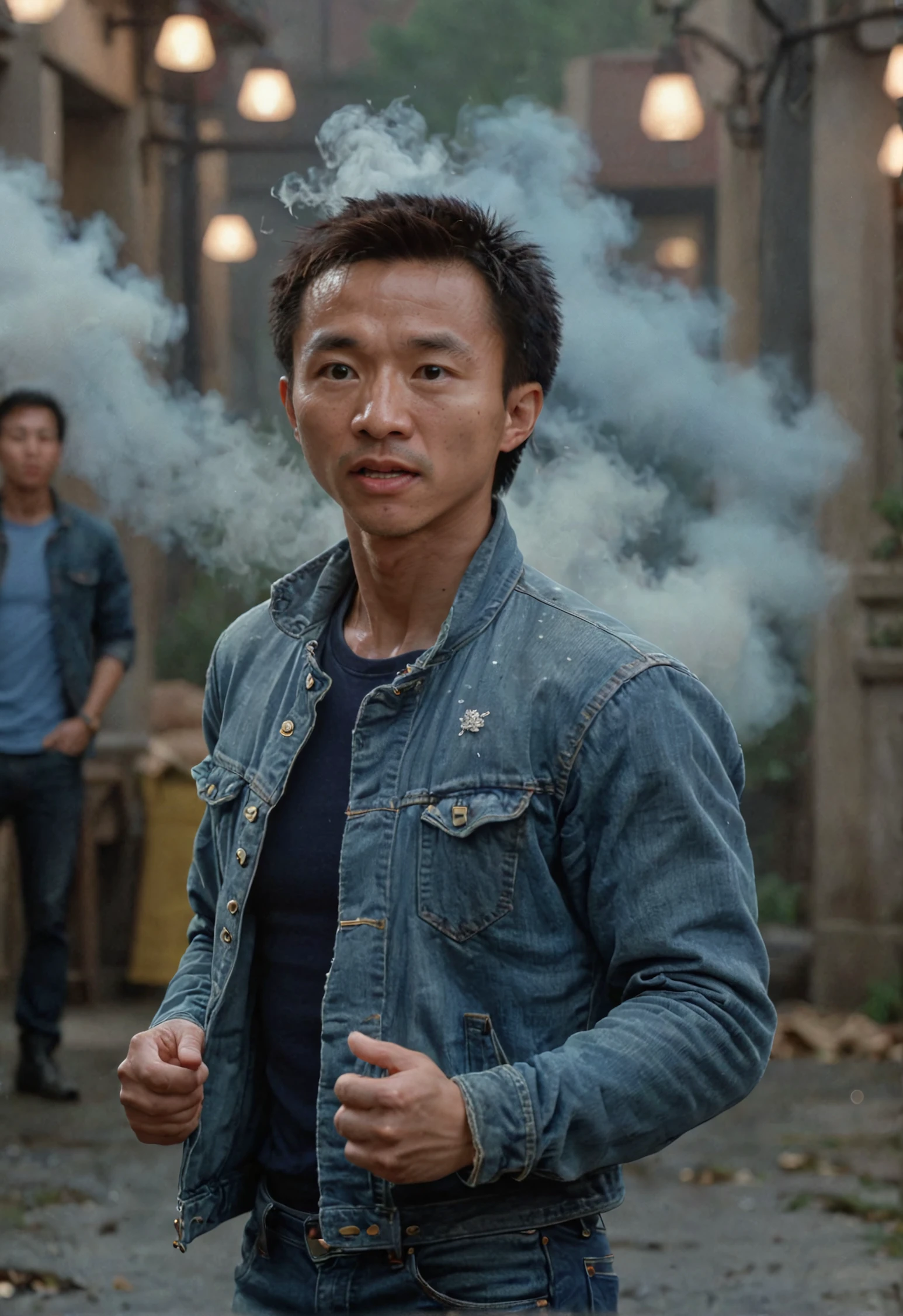 high resolution photo of wangchi,wearing a denim jacket,combat pose,bokeh,depth of field,masterpiece,volumetric fog,volumetric lighting,film grain