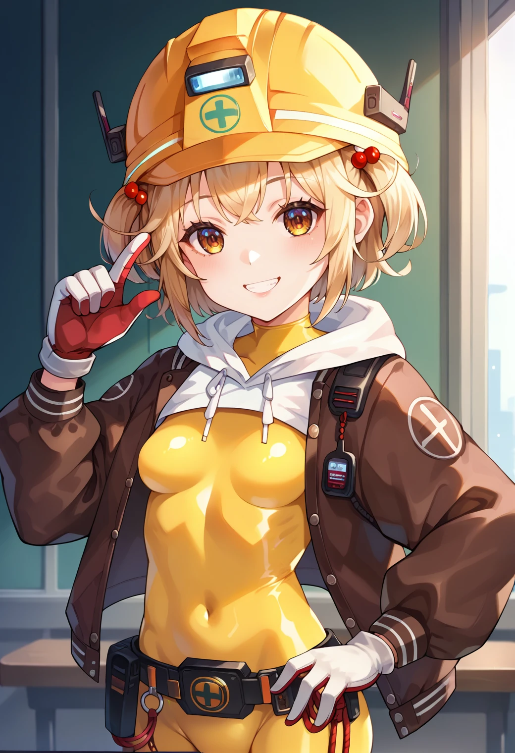 score_9, score_8_up, score_7_up, score_6_up, score_5_up, score_4_up, source_anime, indoors,
(masterpiece, best quality), fcDetailPortrait, solo, 1girl, liternikkebase, small breasts,
yellow bodysuit, skin tight, yellow helmet, hair bobbles, brown jacket, drawstring, open jacket, hood, hood down, gloves,
looking at viewer, smile,
upper body,
<lora:_liter_nikke-elesicov1:1>
