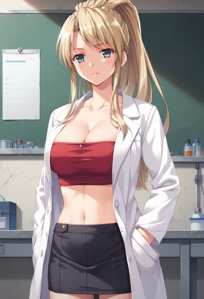 standing,cowboy shot,facing viewer,
school,health center,
BREAK 1girl,
<lora:mamiya_maiko-000009:1> ,mamiya maiko,lab coat,red crop top,black pencil skirt,navel,cleavage,, score_9,score_8_up,score_7_up,source_anime,best quality,masterpiece,uncensored,(clear eyes:1.2),detailed background,<lora:add-detail-xl:0.7>, zPDXL,