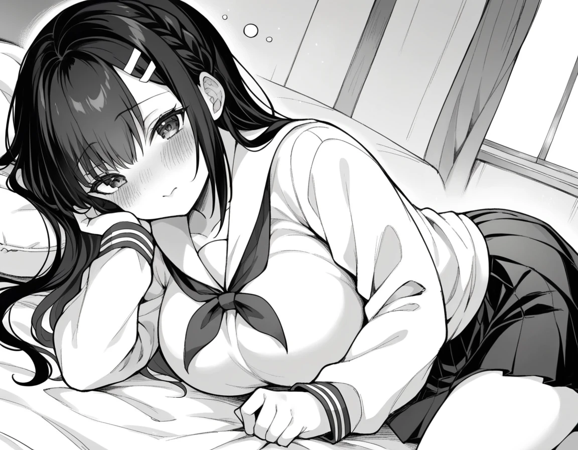 score_9, score_8_up, score_7_up, source_anime,
miyakoohtsuka, <lora:miyako-ohtsuka-manga-ponyxl-lora-nochekaiser:1>,
miyako ohtsuka, long hair, bangs, hair ornament, hairclip, large breasts, monochrome, greyscale,
skirt, long sleeves, school uniform, pleated skirt, serafuku, sailor collar,
indoors, bed, bed room, on side, blush, drunk,
looking at viewer, solo, dutch angle, cowboy shot,